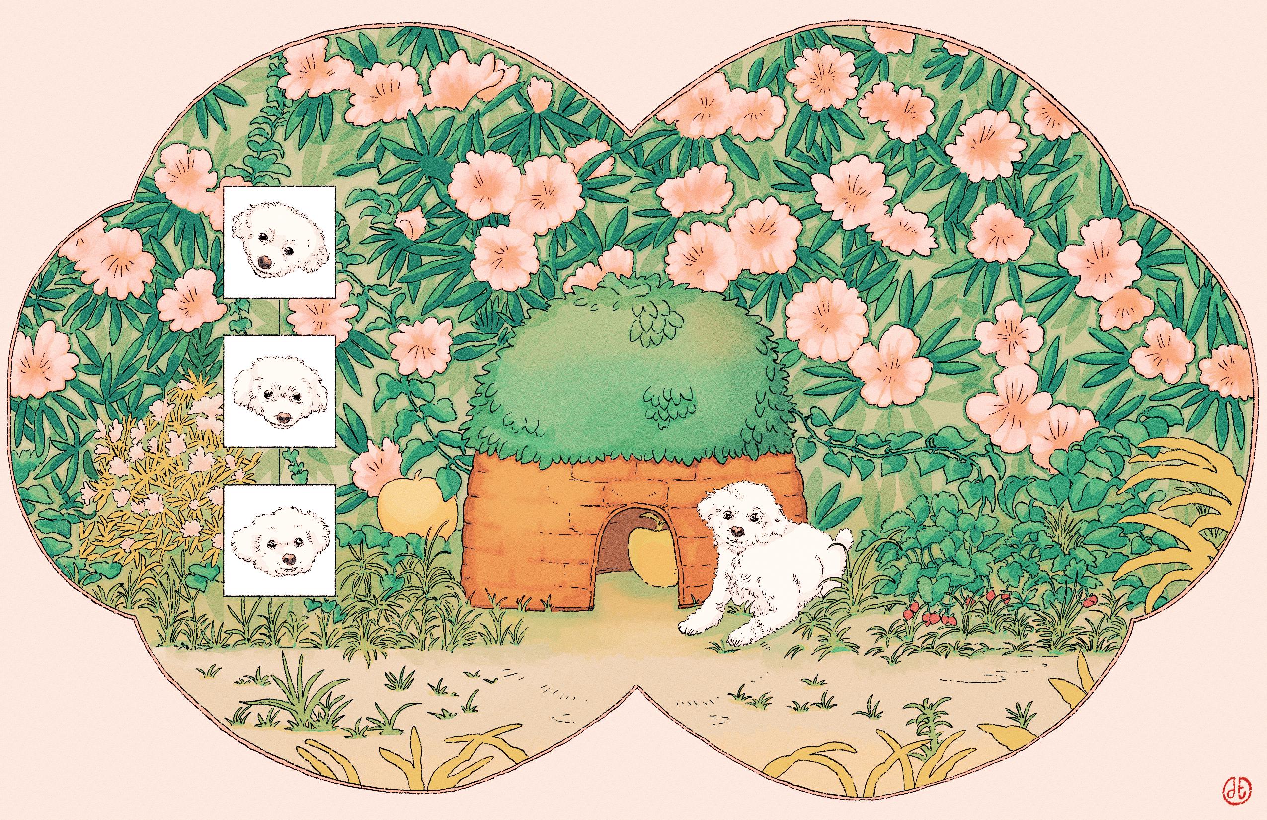 A digital color illustration of a small white dog with curly hair sitting next to a small hut with a roof made of leaves resembling a junimo hut from Stardew Valley. Surrounding the dog is a pink flowering bush, grass, and strawberry plants. Three small inset panels show the dog's various expressions.
