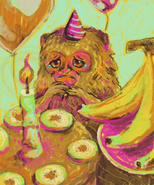 Painting of a sad pygmy marmoset because no one came to his birthday party. He is crying in front of a banana cake with a bunch of bananas next to it and balloons flying in the background.