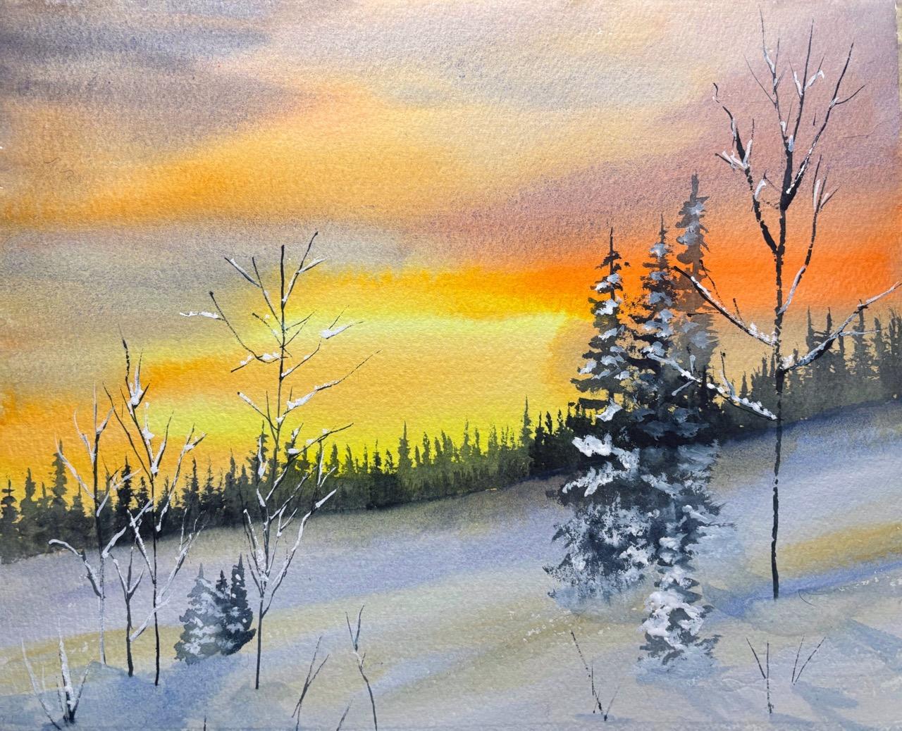 Painting of trees on a snowy hill at sunrise.