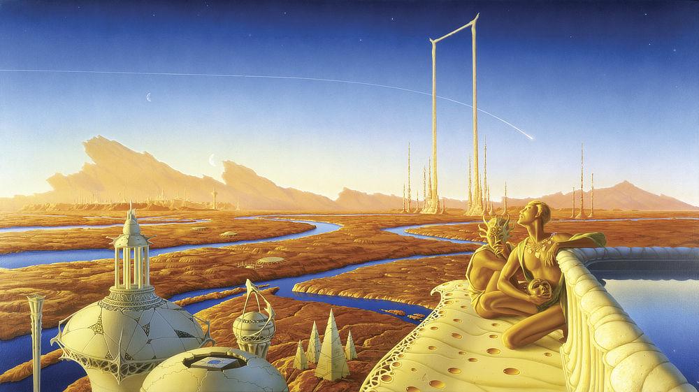 A comet streaks across the Martian sky over a distant city and descending past a massive rectangular horned arch. Mountains run along the horizon like irregular plates jutting from its spine. The familiar red-orange of Martian regolith is broken by deep blue canals that wind through the landscape. In the immediate foreground, a trio of domed towers, each unique, dwarf tall slender pyramids clustered just beyond. Set above all that to the foreground right, a raised pool reflects the sky in a gray-blue gradient. A pair of bronze skinned humans sit next to it on an ivory overhang dotted with amber beads. The surface is elegantly patterned ending in a lace-like edging. One man holds an ornate mask over his face, casting a distinctly alien gaze at the viewer. In contrast, his companion cups his mask in his hand, exposing slightly elongated features in profile, as he gazes up at the contrail that crosses the sky.
