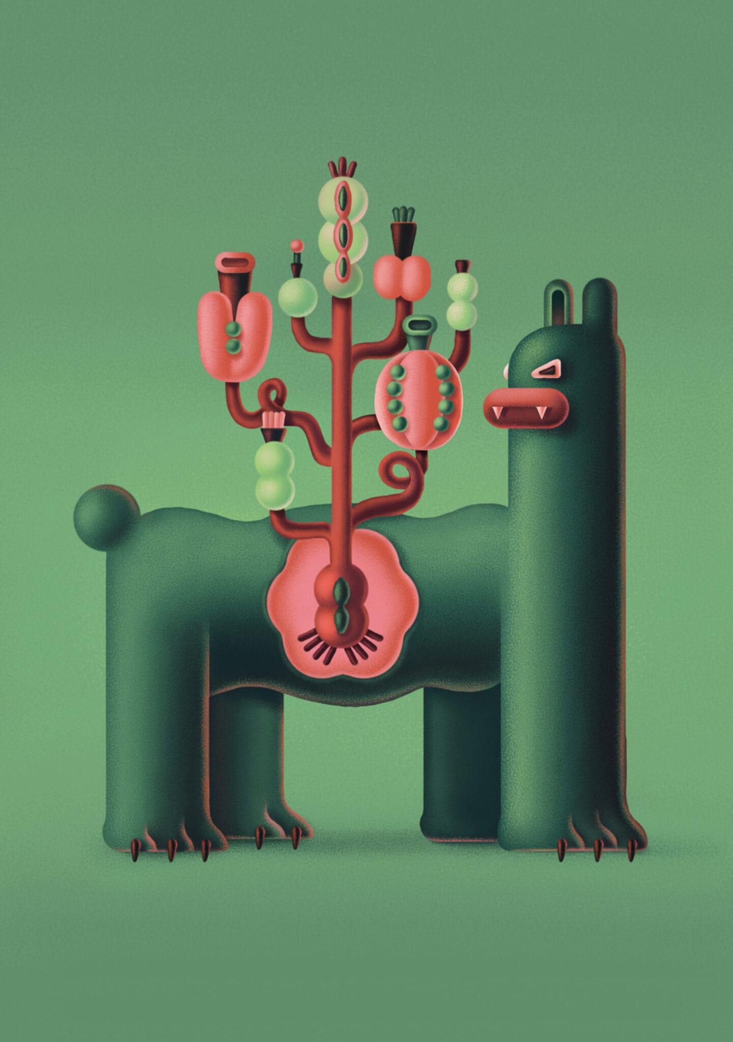 A digital illustration of a green, four-legged creature with a strange plant or flower on its back