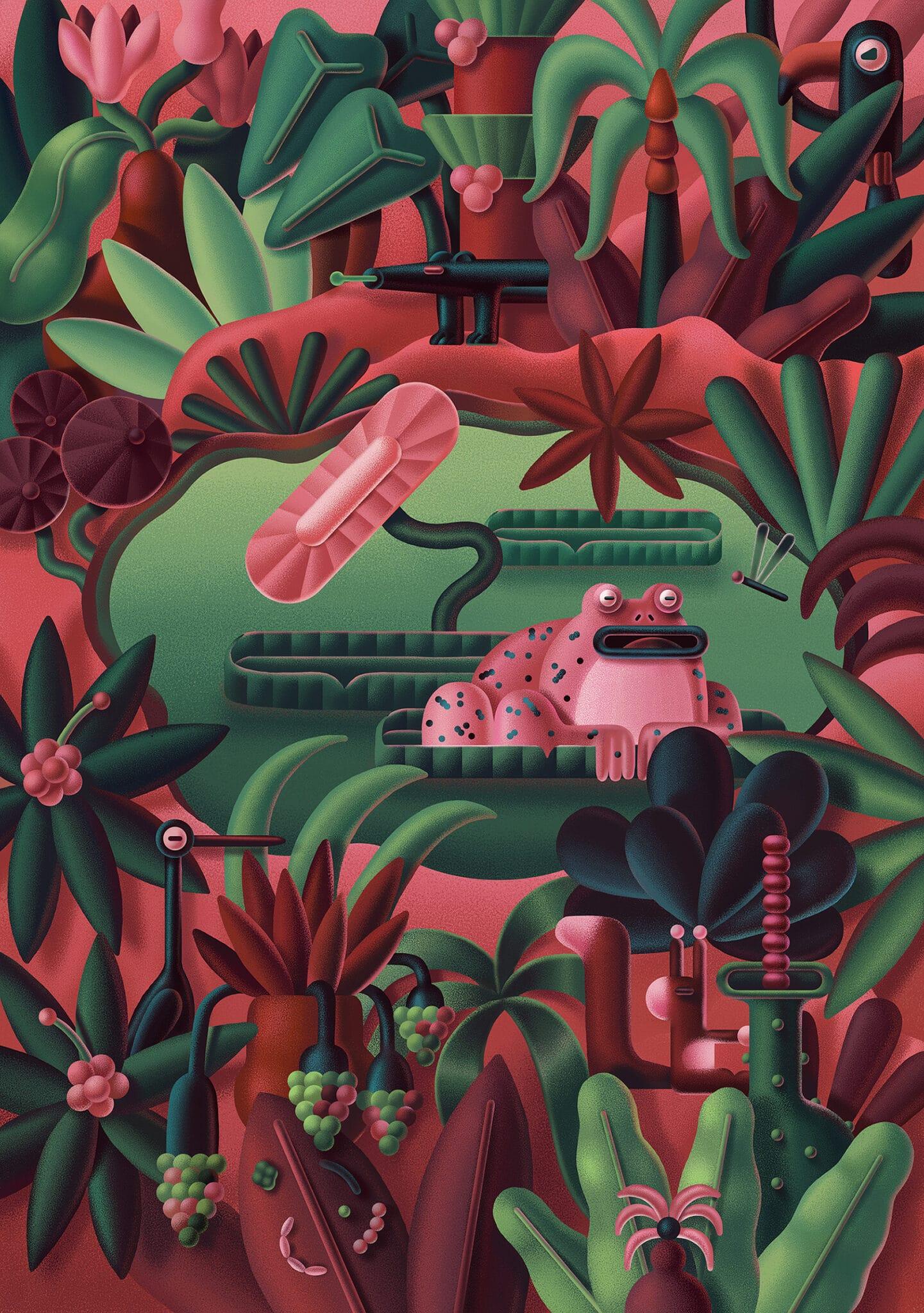 A digital illustration of a jungle with a pink frog in the center
