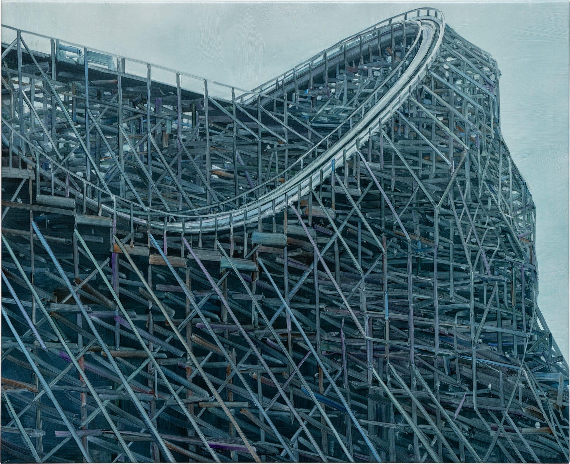 An oil painting by Alex Hutton of a detail of a blue-gray rollercoaster