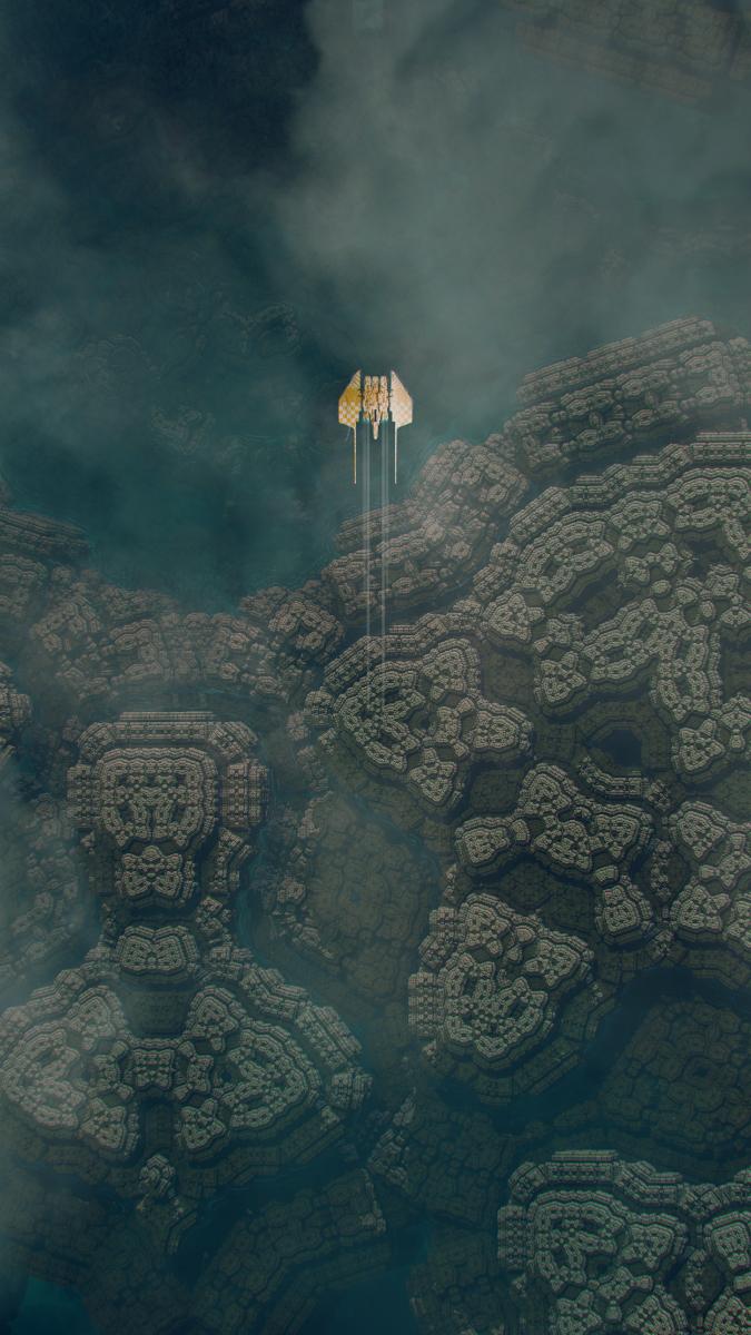 Sci-fi scene. A birds eye view from above an alien planet surface looking at a aircraft (or spaceship) flying over the water and stone landscape.