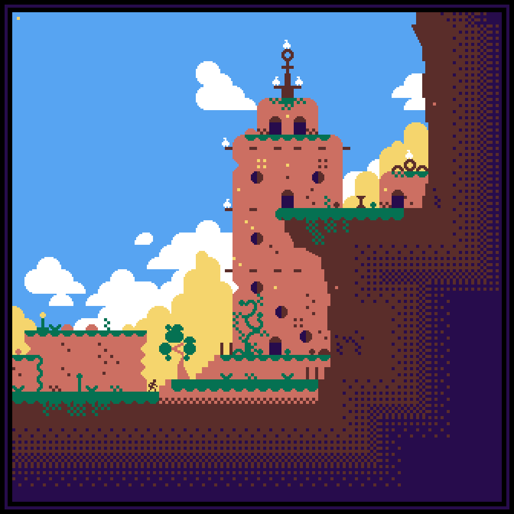 Pixel art text mode style picture of a tower standing by a cliff. The tower looks ancient and mossy, made of pinkish stone. Birds are standing on the building top. there is rocky platforms at its base as well as a little tree, some stairs and a character standing. The building got a lower entrance and a higher entrance leading to a higher level on the cliff in which a little building blends into the mountain.