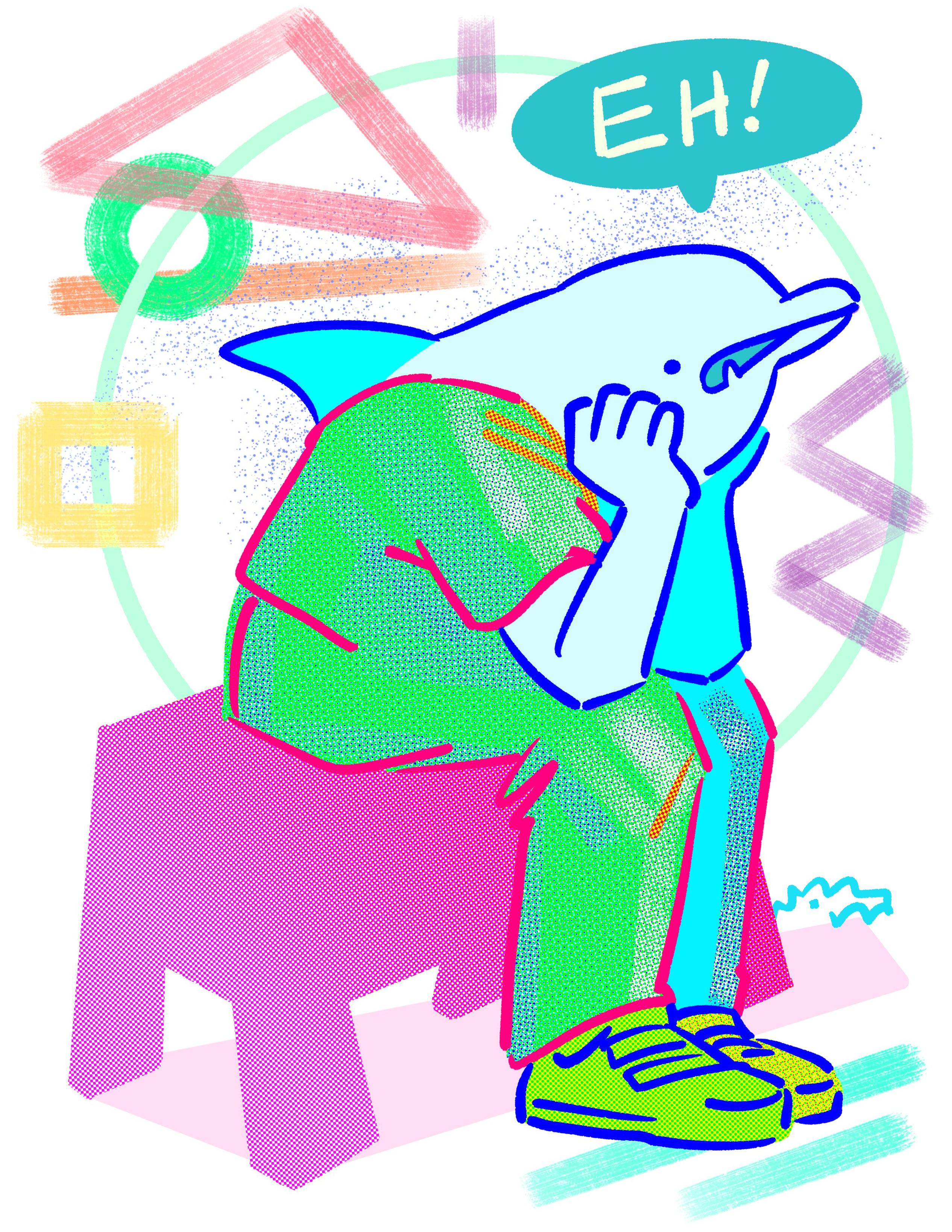 A disgruntled cyan dolphin wearing a tracksuit sitting alone sulking broodily. Teal word bubble reads Eh!