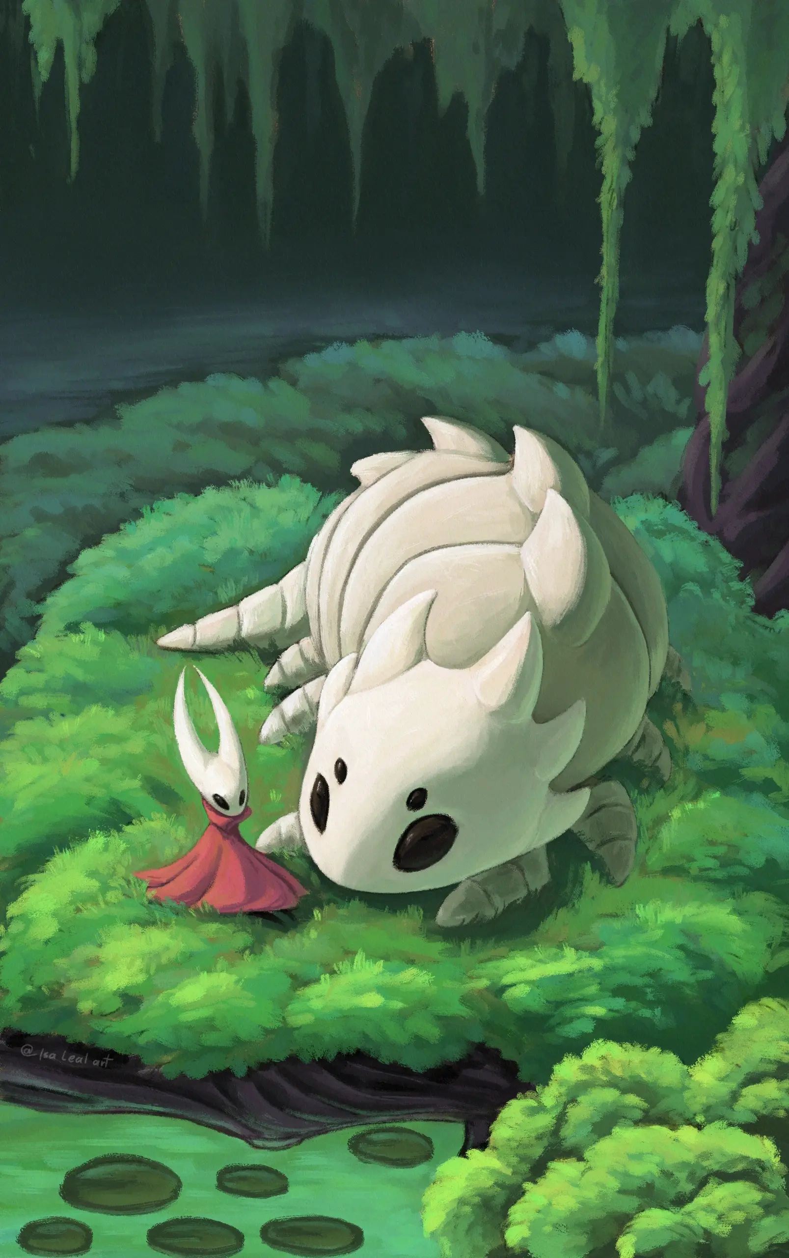 A digital painting of the characters Hornet and Bell Beast from the game Hollow Knight Silksong chilling in a greenery area.