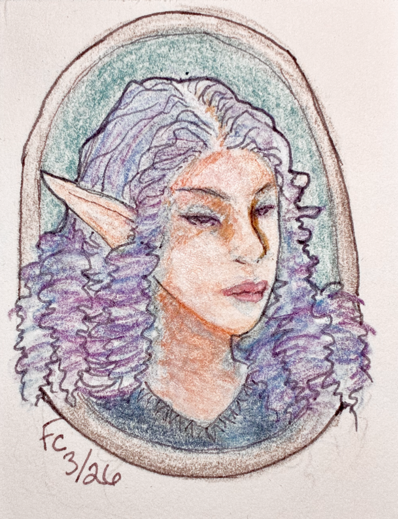 A colored pencil and pen drawing of an elven woman in three-quarters view, her expression blank and vaguely judging. Her hair is curly and purple, with tinges of indigo blue that is echoed in her top. The background is a soft, teal green and the portrait is surrounded by an oblong grey border. The artist's signature, "Fc 3/26" is in the lower left corner.