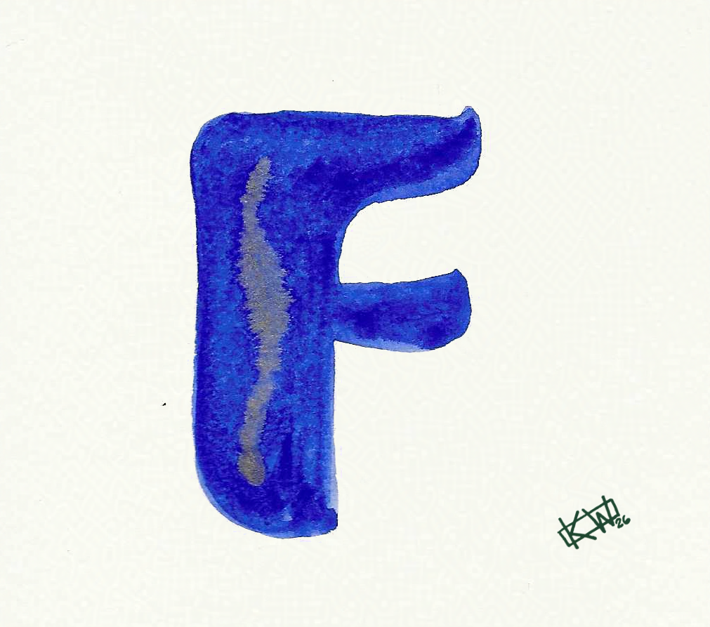 Watercolor of upper case letter F in a lovely shade of blue with gold swirls.