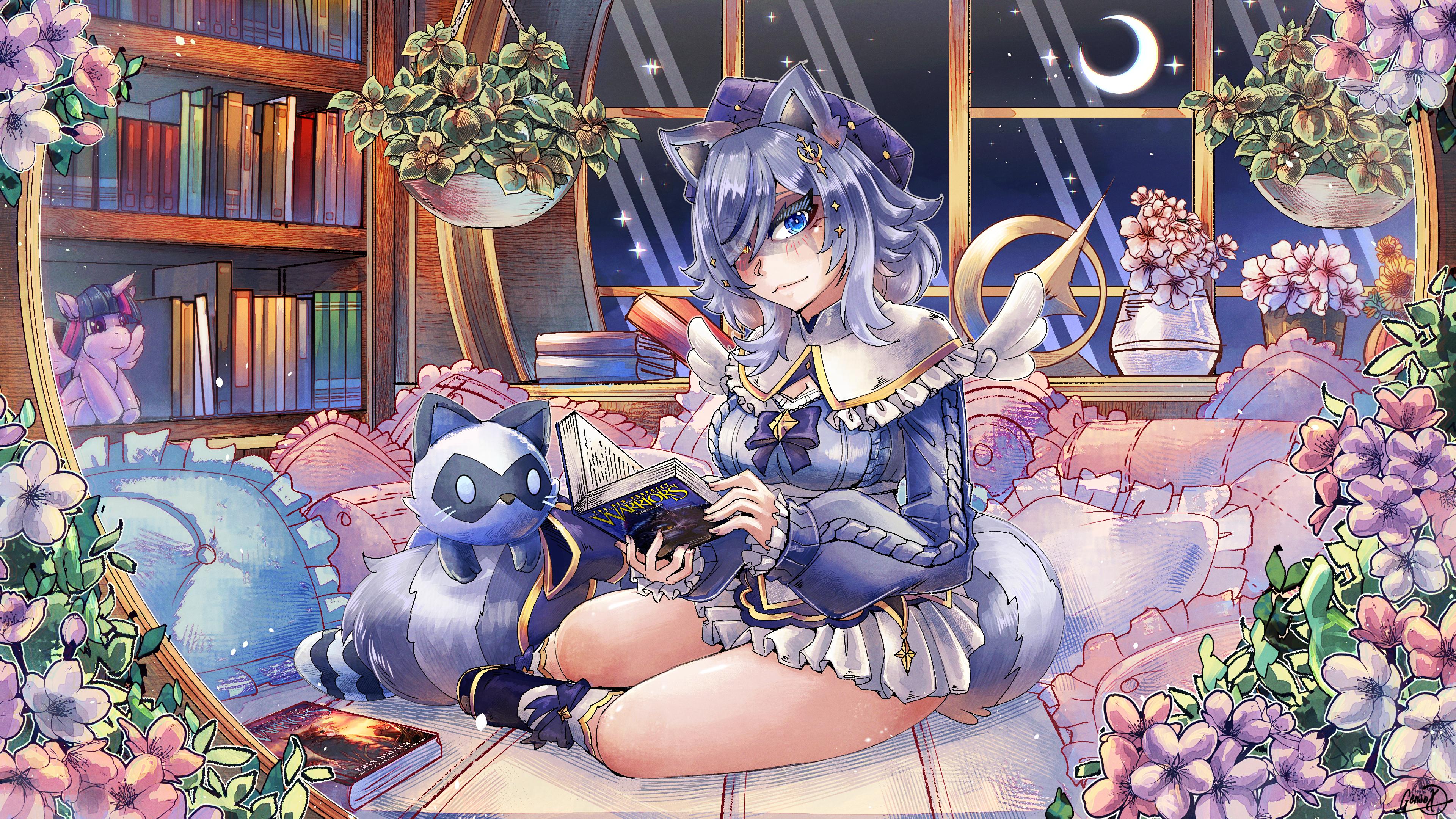 Detailed anime-style digital illustration featuring the VTuber Snuffy sitting on a cozy bed inside a circular room with a nighttime library aesthetic. She has lavender hair, raccoon ears, and wears a blue and white ruffled outfit while reading a book titled 'Warriors'. Beside her sits a small blue raccoon plush. The background includes bookshelves filled with books, hanging plants, cherry blossoms framing the edges, and a large circular window showing a crescent moon in a starry sky. The lighting is soft and warm, contrasting with the deep blue of the night.