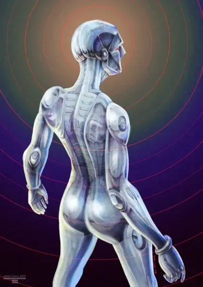 An illustration of a shiny silver robot with its backside facing us, head turned to just see a red eye over the shoulder. Red concentric circles are emanating from the head of the robot.
