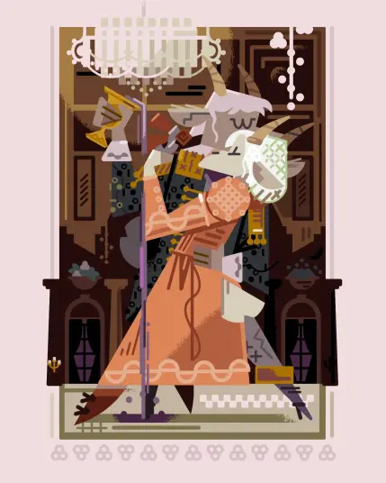 2024 anthro commission 

Two horned goats dance in a richly colored ballroom, spilling wine in their reverie 
