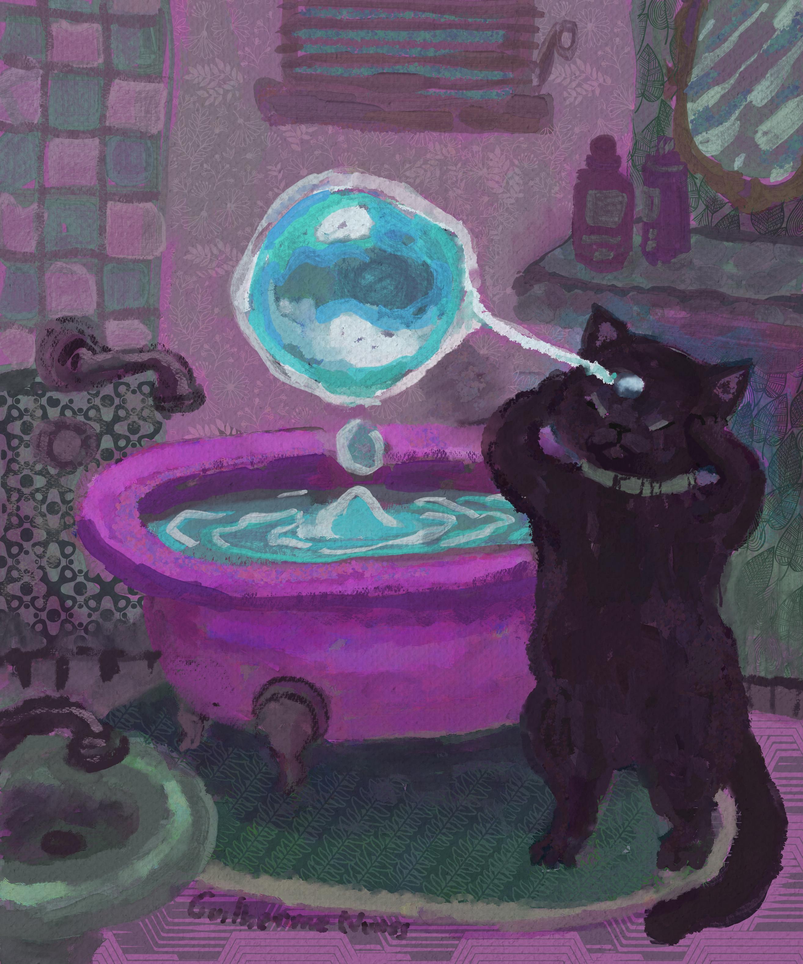 painting of a cat who, before taking a bath, begins to suffer from severe headaches and begins to control the bath water with his psychic powers