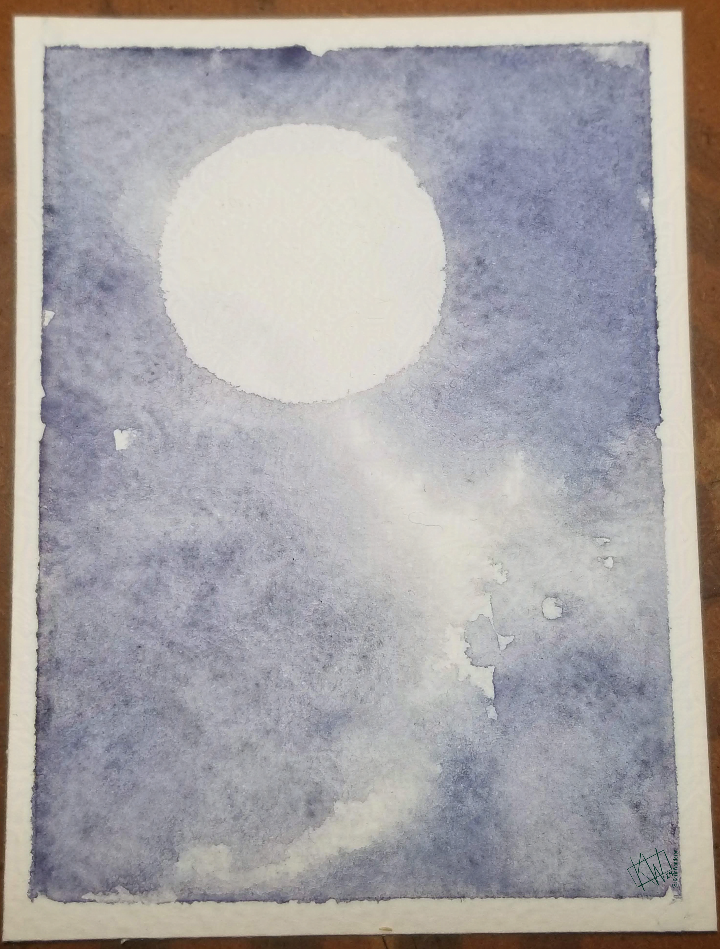 Watercolor of a full moon glowing bright in partly-cloudy night sky.
