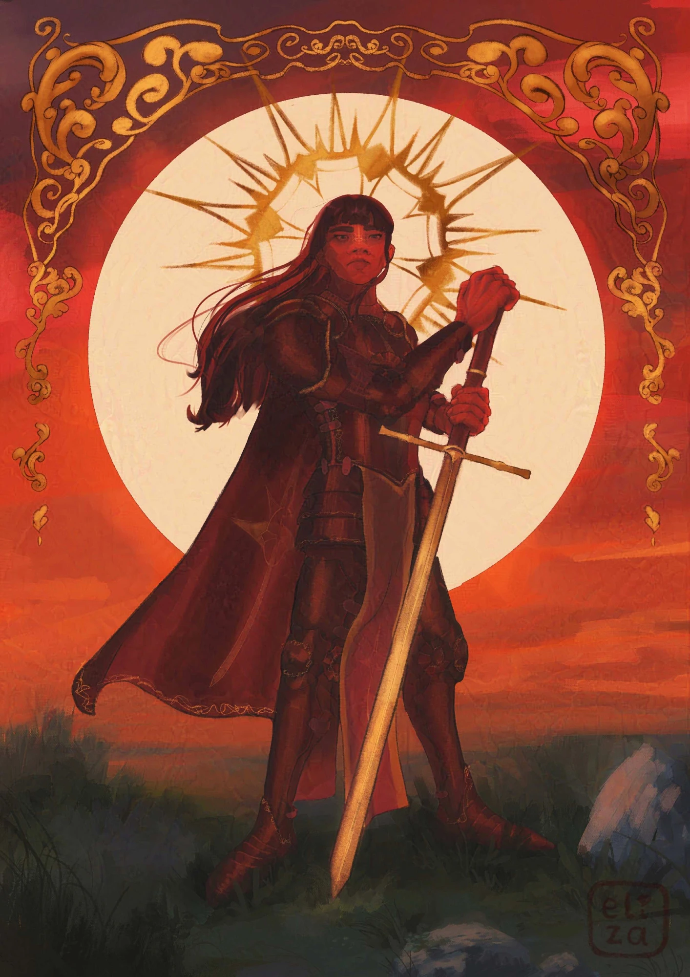 An illustration of my OC Celdervinn as a Knight. Shes standing on grass in front of the sunset which is giving her a strong silhouette to her proud pose. Shes resting her hands on a Zweihänder which is glowing like gold. There is a decorative frame on the top part of the painting. The colours are mostly reds, grey greens and yellow/gold.