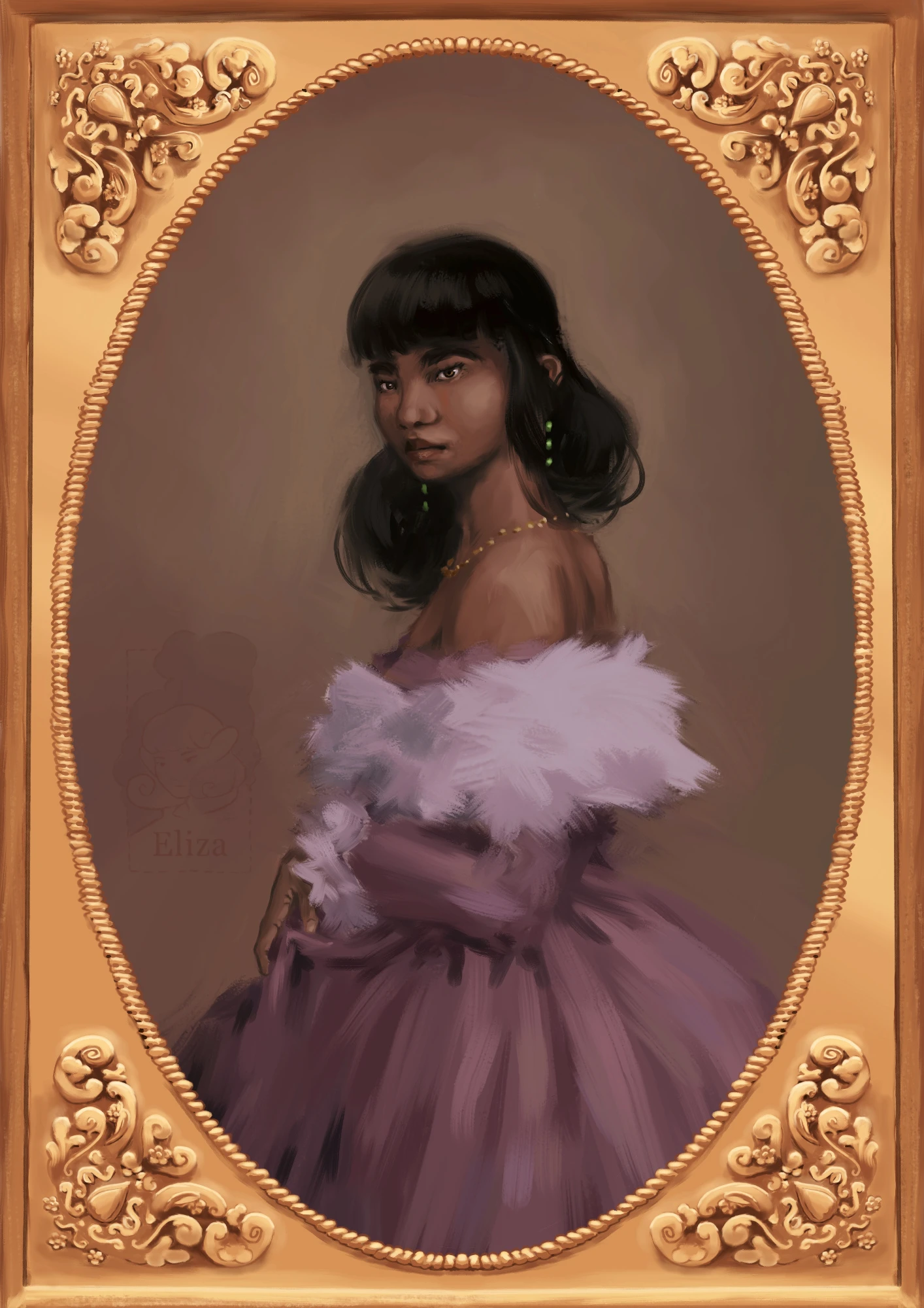 A royal portrait painting of my OC Celdervinn as she was 16 years old. She is wearing a lilac ball dress and expensive jewellery. Her arms are elegantly crossed in front of her, one hand holding up her dress. Her look at the camera is calm and neutral. The painting is put into an intricate golden frame with ornaments in each corner.
She would never have posed or worn a dress like this, if had been up to her. She's still mad about it.