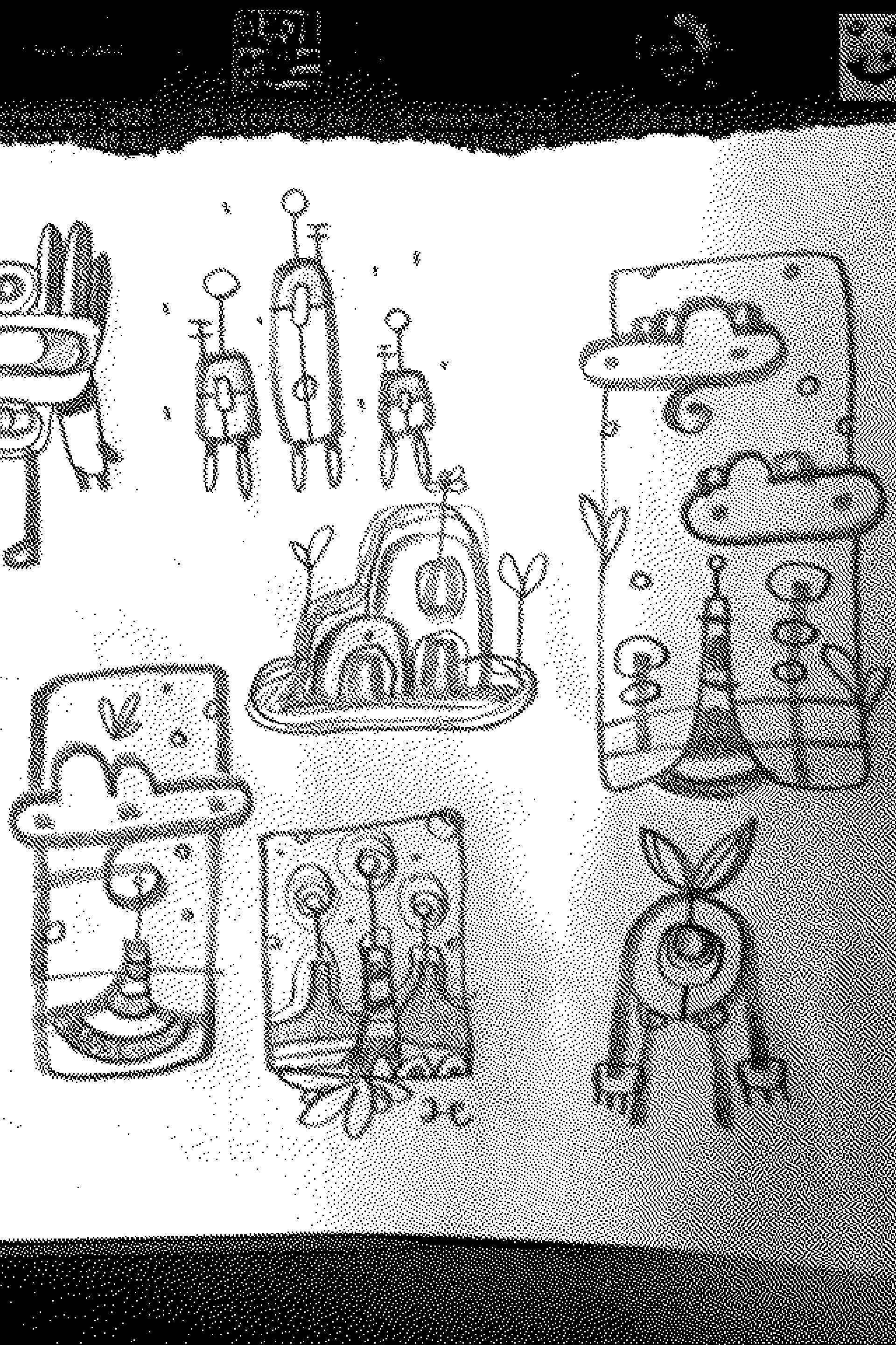 dithered image of doodles on paper taken with ios app bitcam