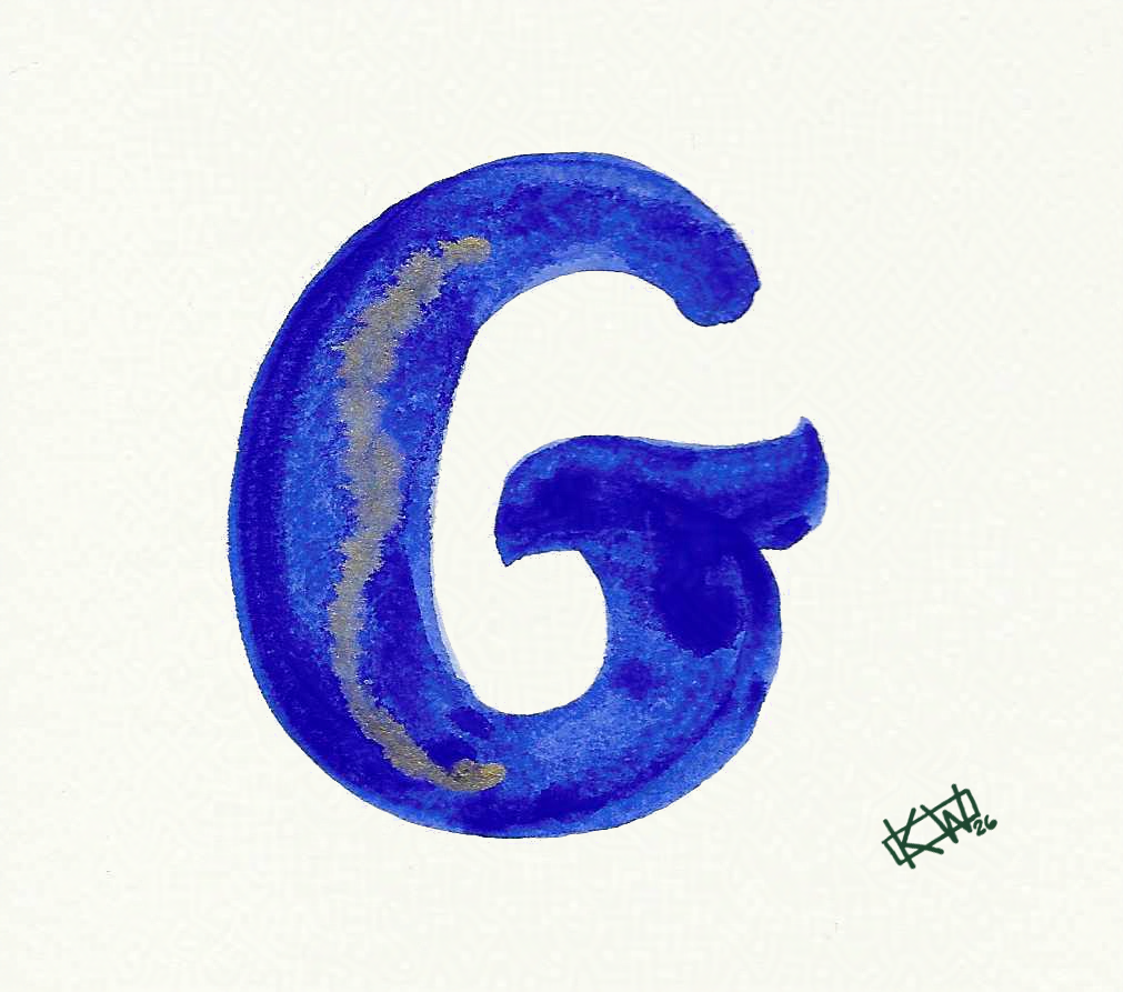 Watercolor of upper case letter G in a lovely shade of blue with gold swirls.