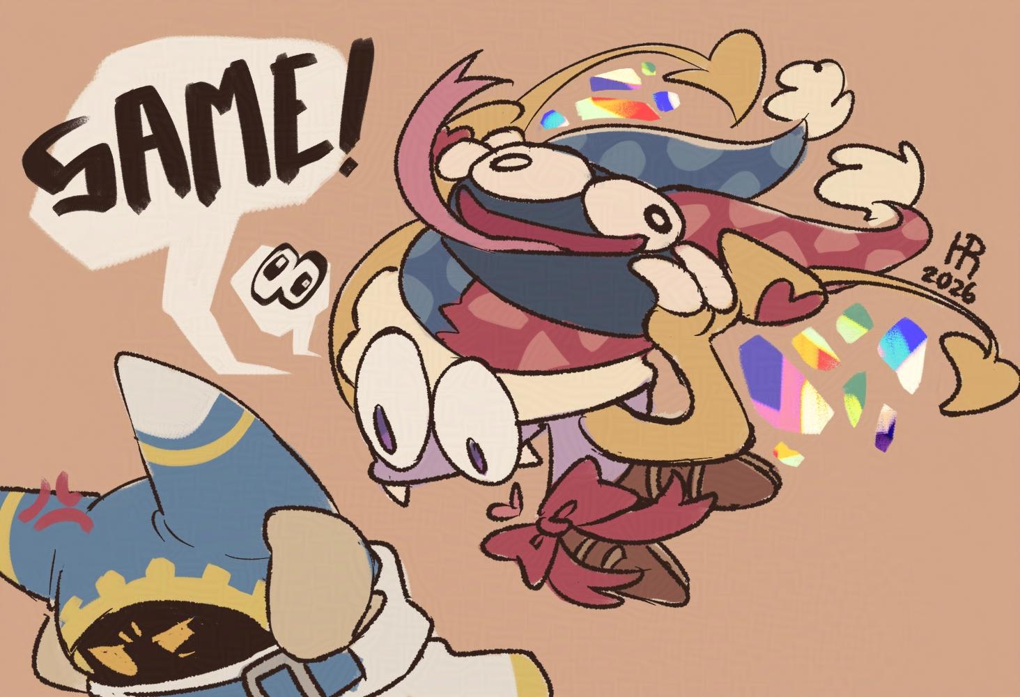 Digital doodle of Marx, Gooey and Magolor from the Kirby series. Marx is holding Gooey over his head and excitedly screaming how he and Gooey have the same eyes that point outward, while Magolor is covering his ears in annoyment.