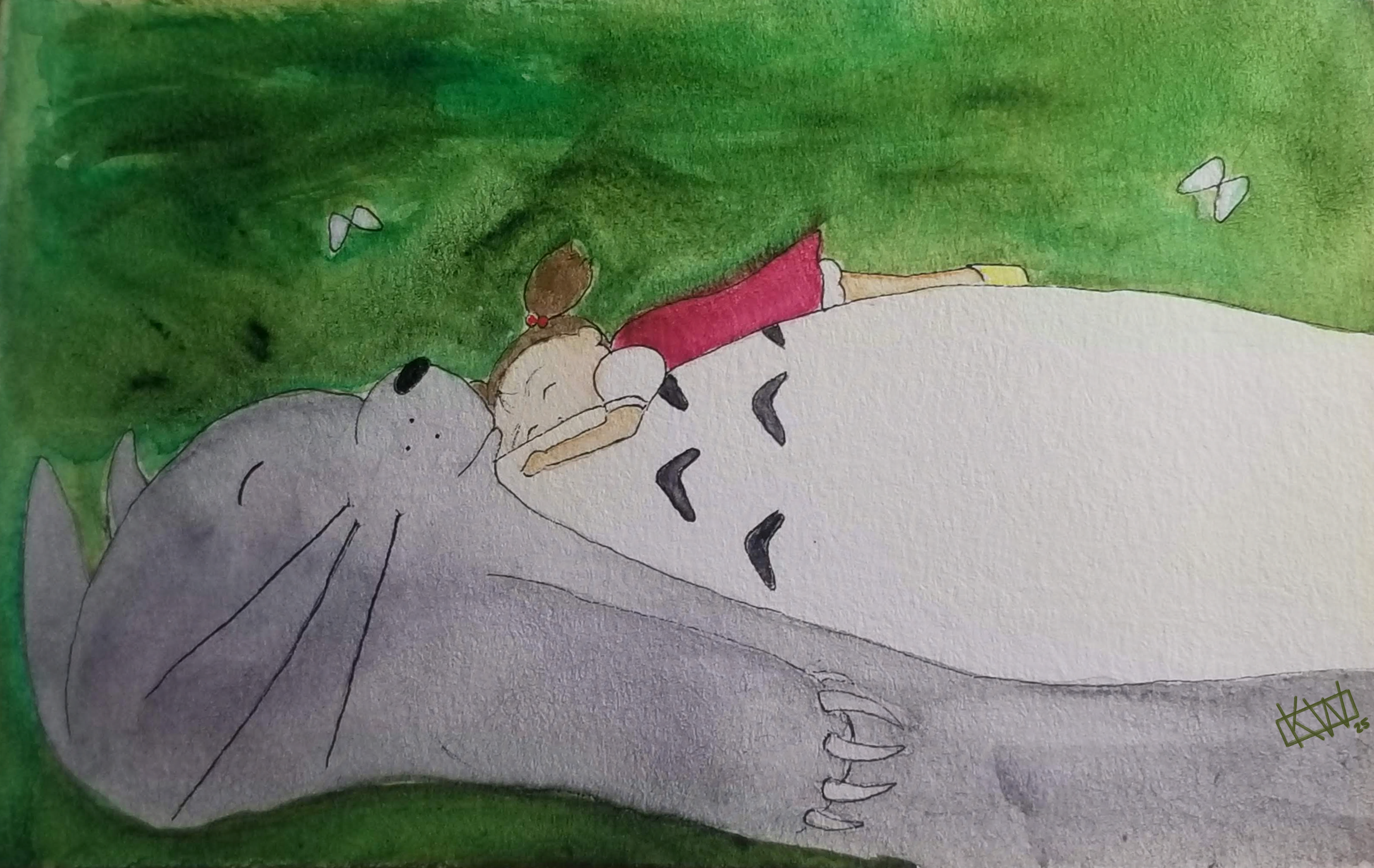 Watercolor of a very small child in a pink dress & pigtails napping on a gigantic friendly grey monster, who is also sleeping. They are surrounded by lush greenery.
