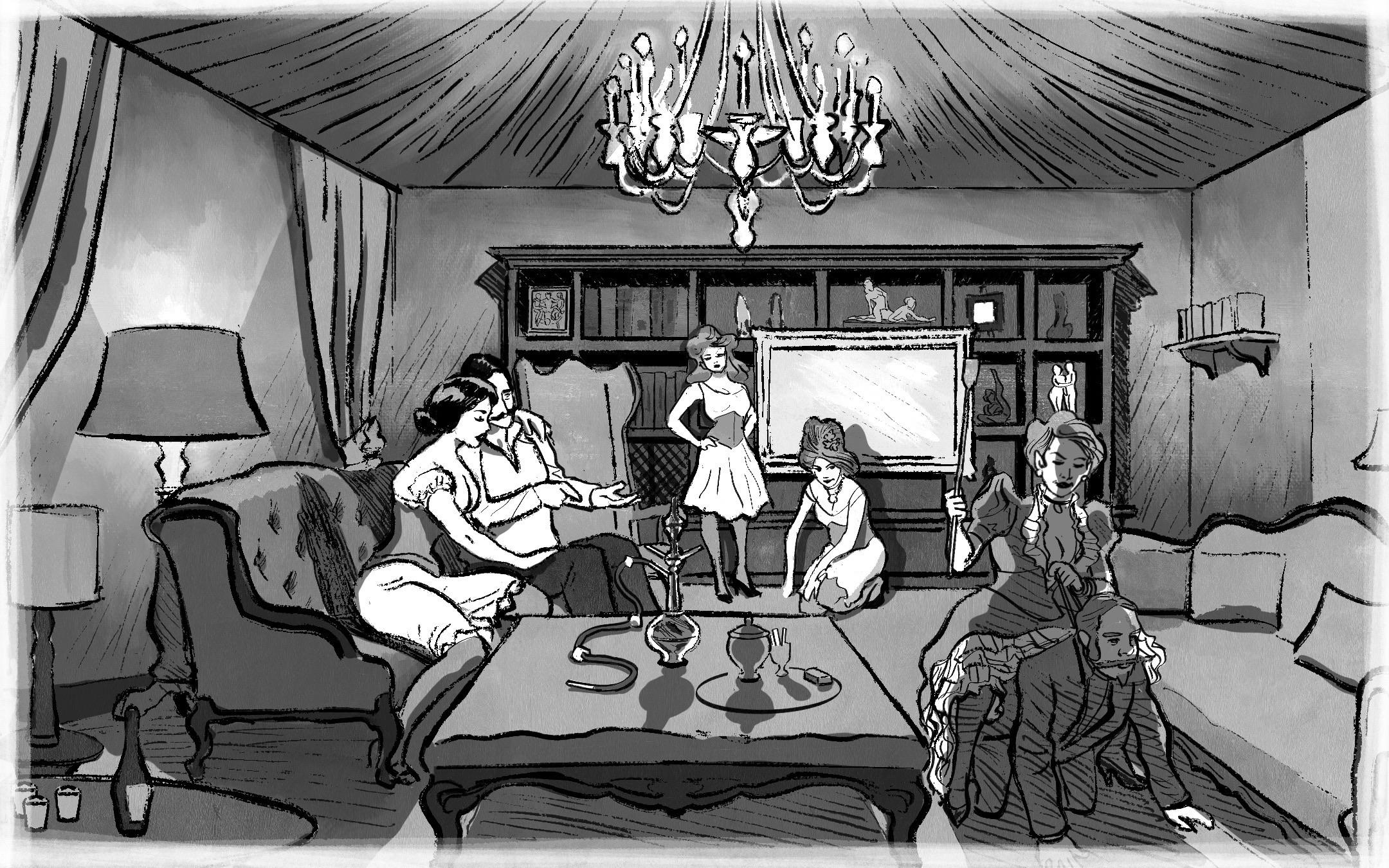 The Duke of Clarence is enjoying some time in a brothel, luxuriously decorated. He’s seated on the left with a woman in lingerie. Two other gals are next to mirror hanged on a shelf with books and sexual statues. A man is on his four the right, with a woman on his back, riding him as if he were a horse.