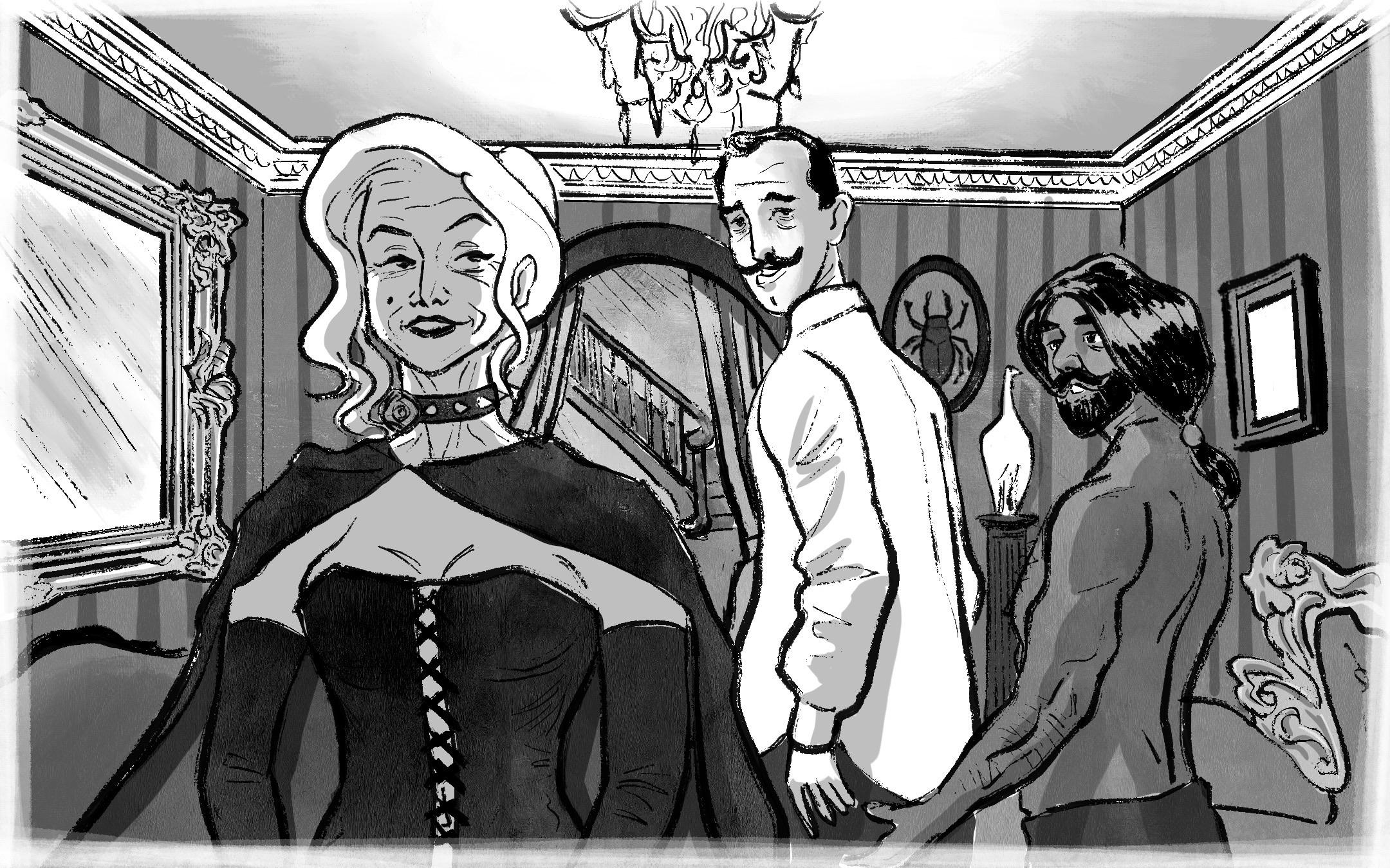 The distracted boyfriend revisited: Victor-Albert, Duke of Clarence, accompanied by his partner of the night, cross Lady d’Arcy during a party in a brothel. He’s mesmerised by the twisted lady