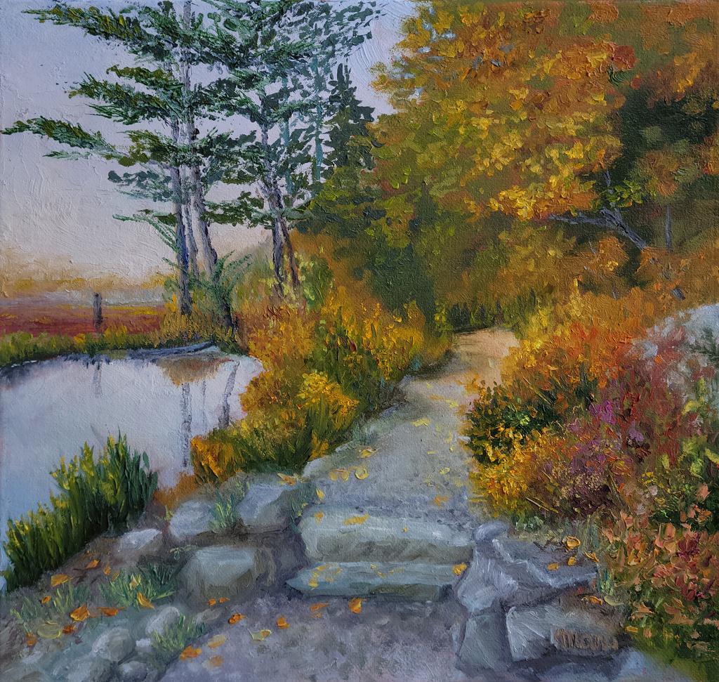 A lake shore path in the forest. Oil painting on canvas over a wood panel, based on a photo by Tanya Bell. The trees along the path are in the golden and rust colors of the autumn, the path is gravel with stone steps. There are tree reflections on the quiet mirror of the lake. 

The size is 30×30 cm.