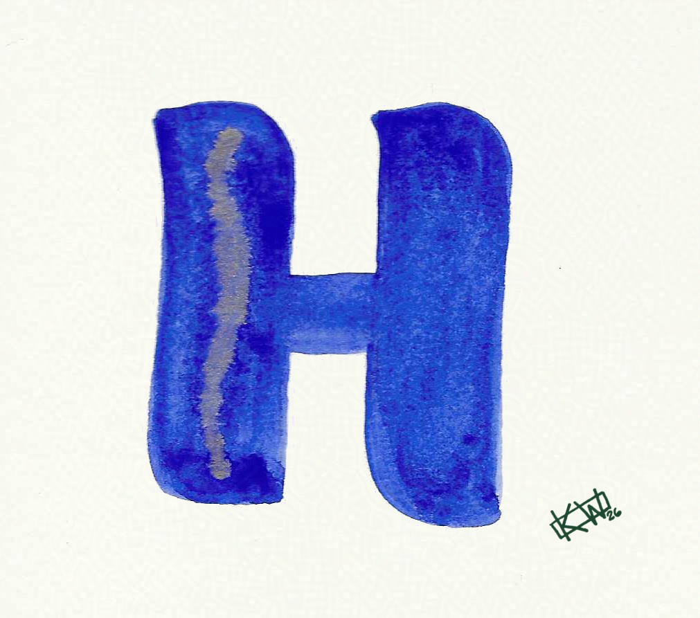 Watercolor of upper case letter H in a lovely shade of blue with gold swirls.