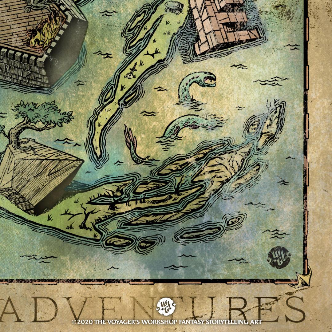 A closeup of the Dicey Adventures poster featuring polyhedral shaped giant structures on a dragon-shaped continent.