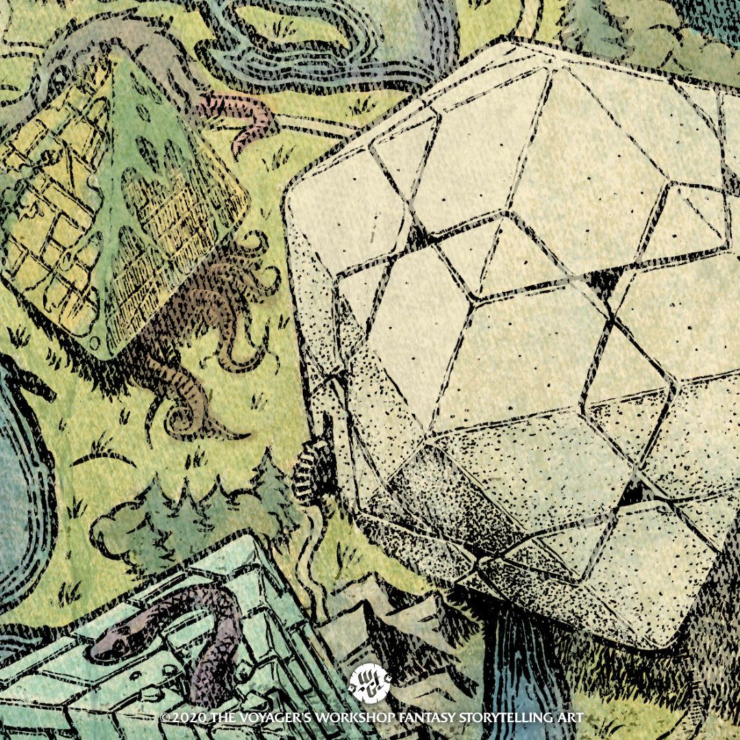 A closeup of the Dicey Adventures poster featuring polyhedral shaped giant structures on a dragon-shaped continent.