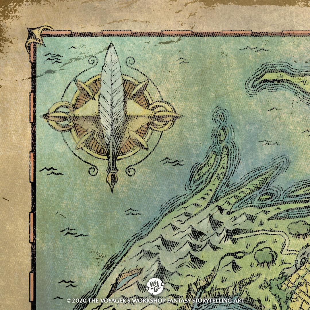 A closeup of the Dicey Adventures poster featuring polyhedral shaped giant structures on a dragon-shaped continent.