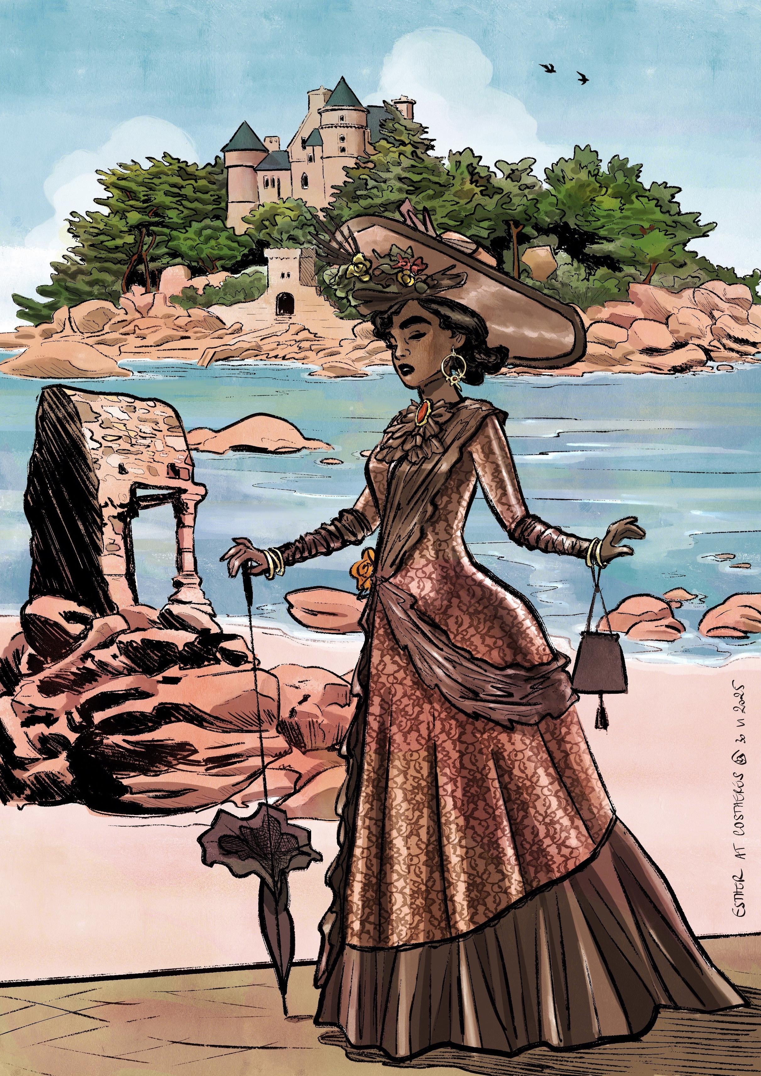 Esther in an ornate, vintage dress stands by the beach of St-Guirec in Ploumanac’h, holding an umbrella and a small handbag. She has an elegant hat decorated with flowers and is gazing thoughtfully towards the distant castle of Costaeres on a rocky island. On the right, the oratory of St-Guirec from the back