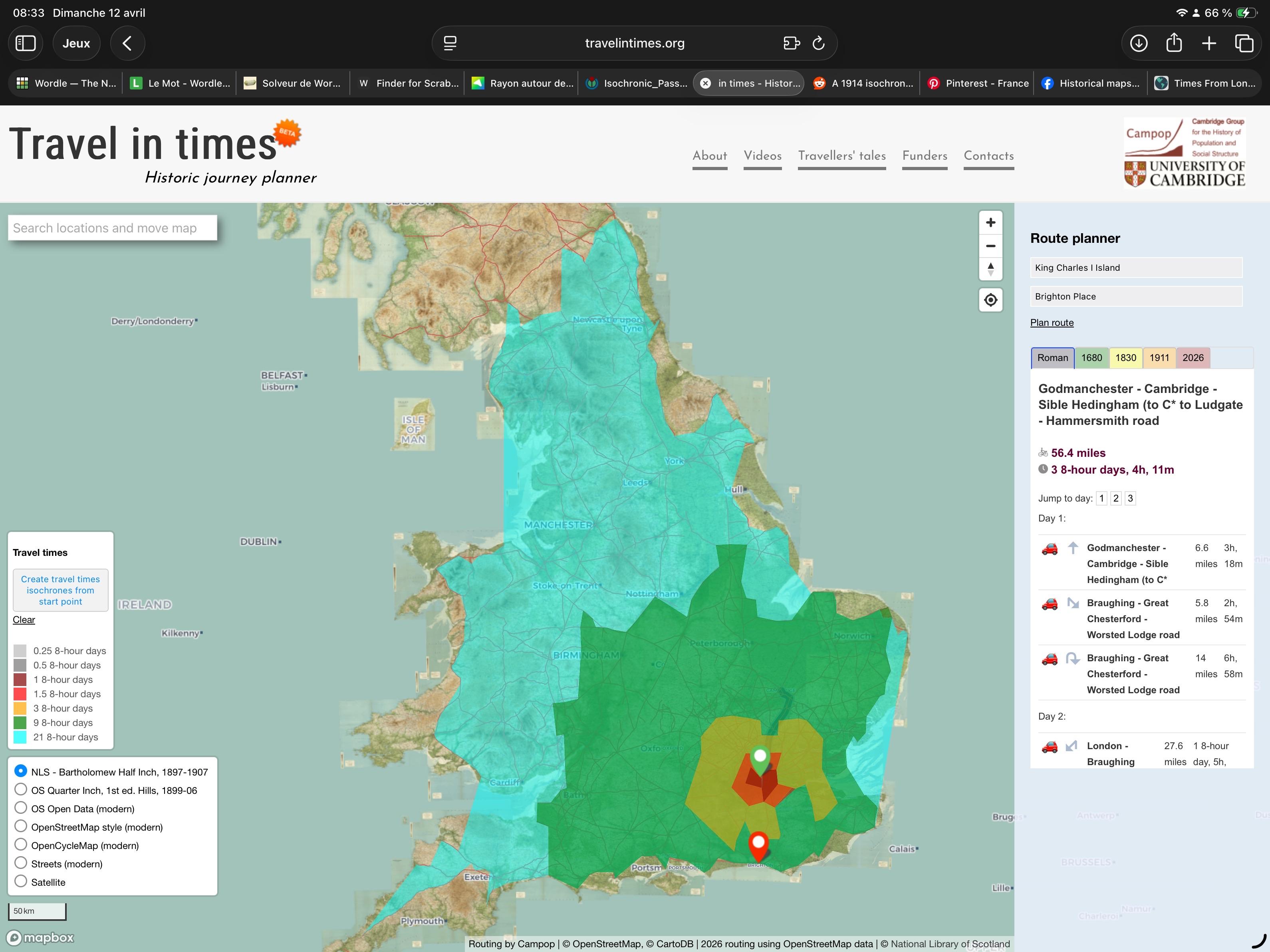 Isochrones map of travelling from London in England during Roman times