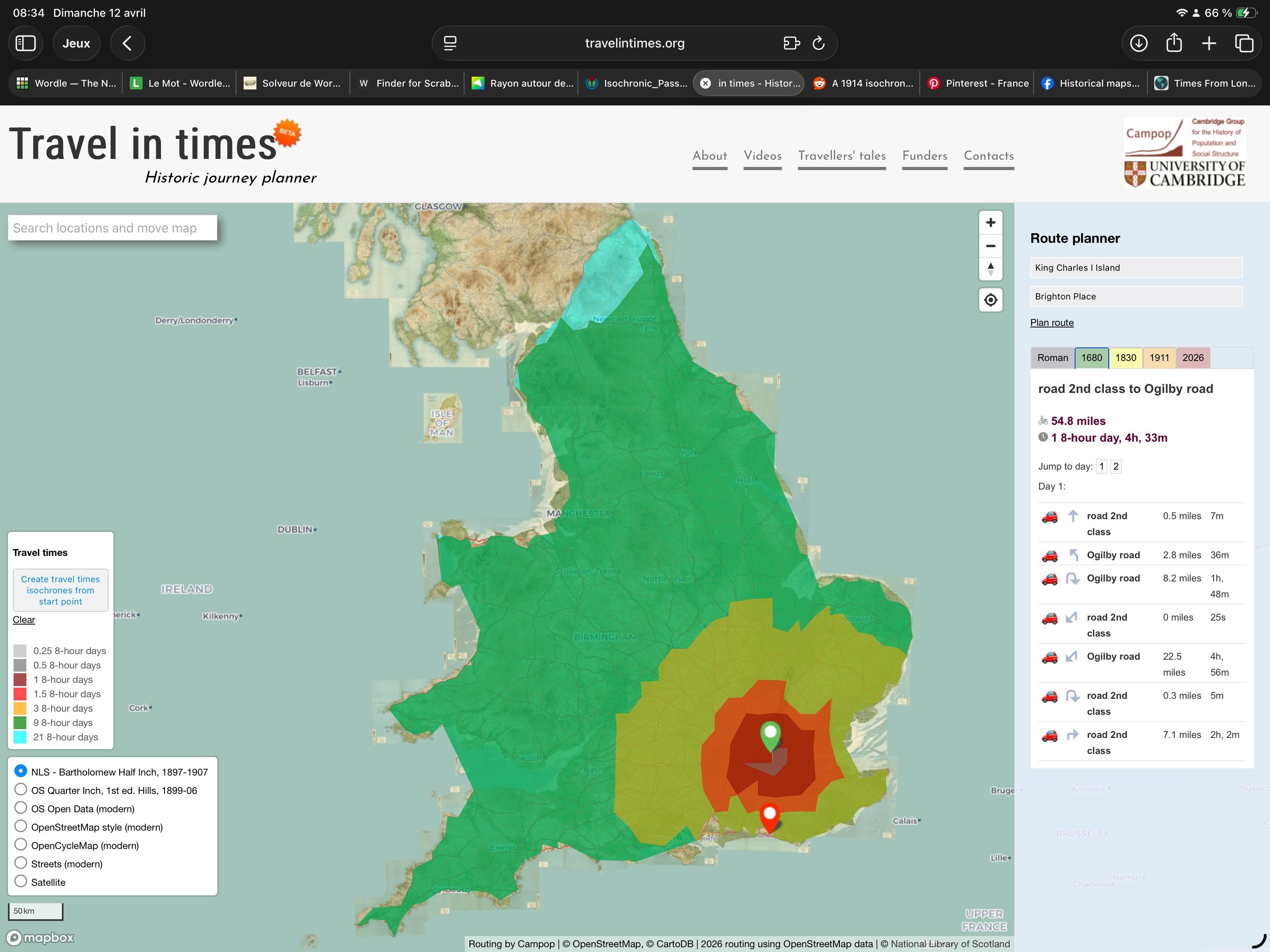 Isochrones map of travelling from London in England in 1680