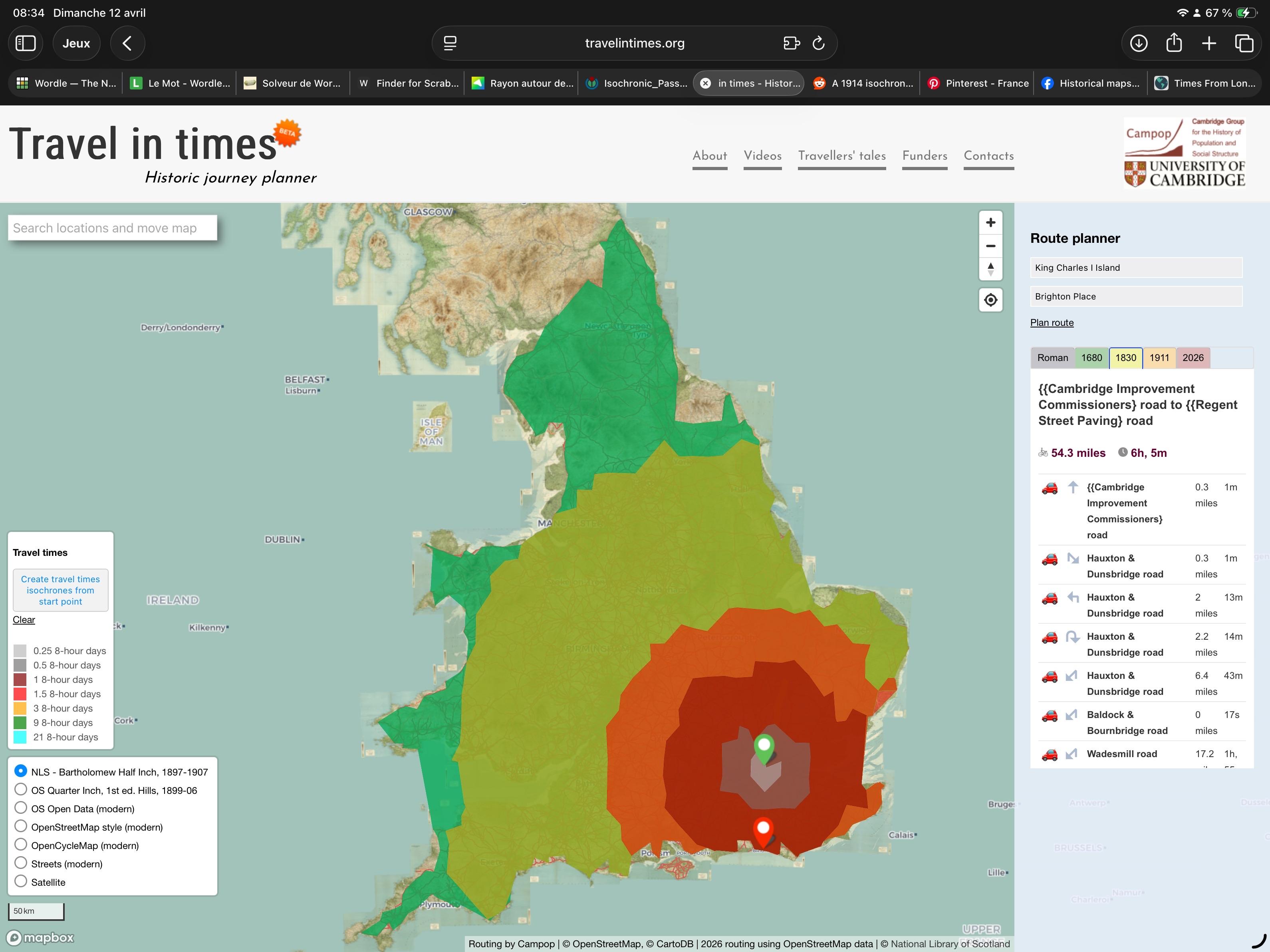 Isochrones map of travelling from London in England in 1830