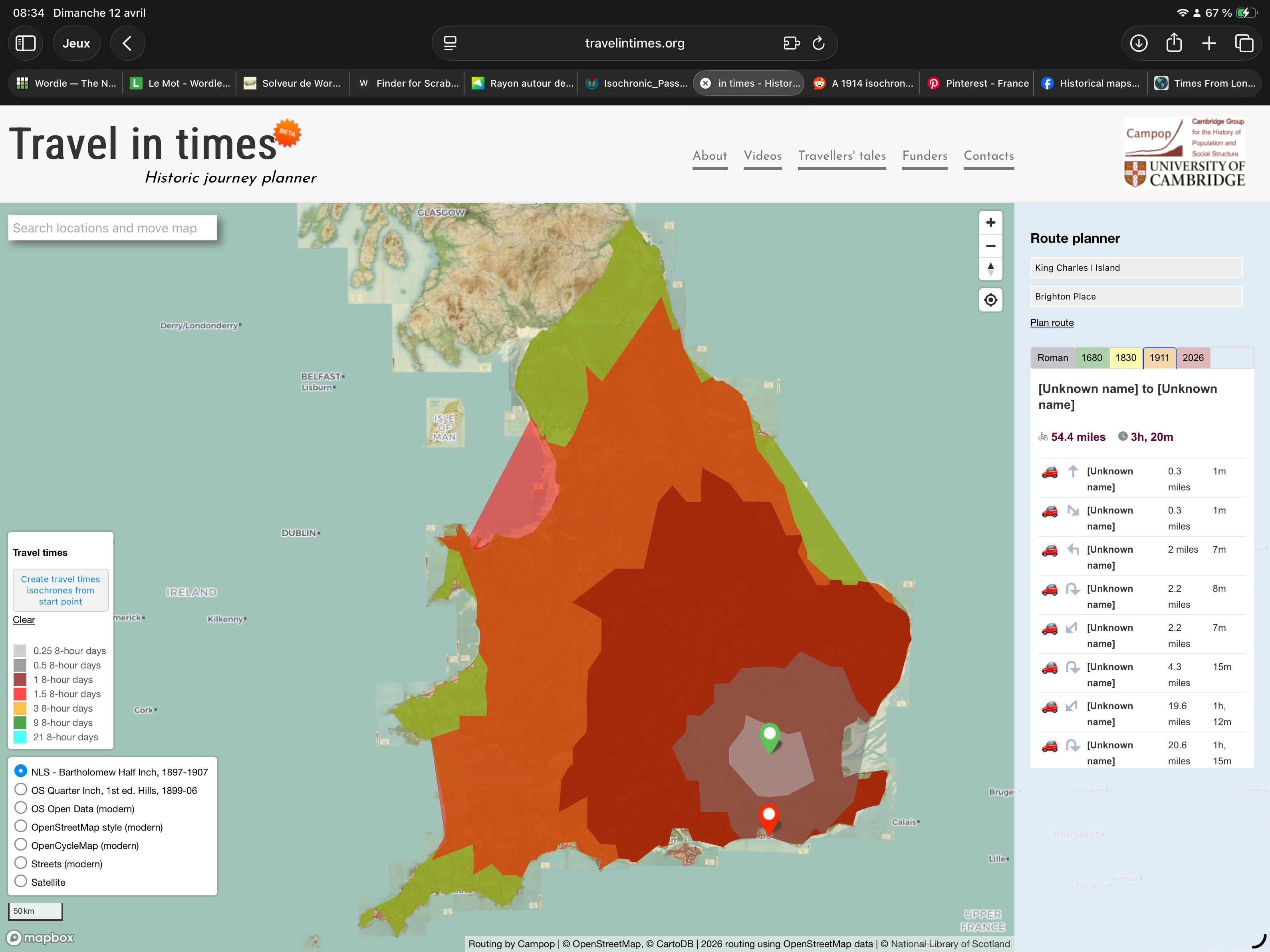 Isochrones map of travelling from London in England in 1911