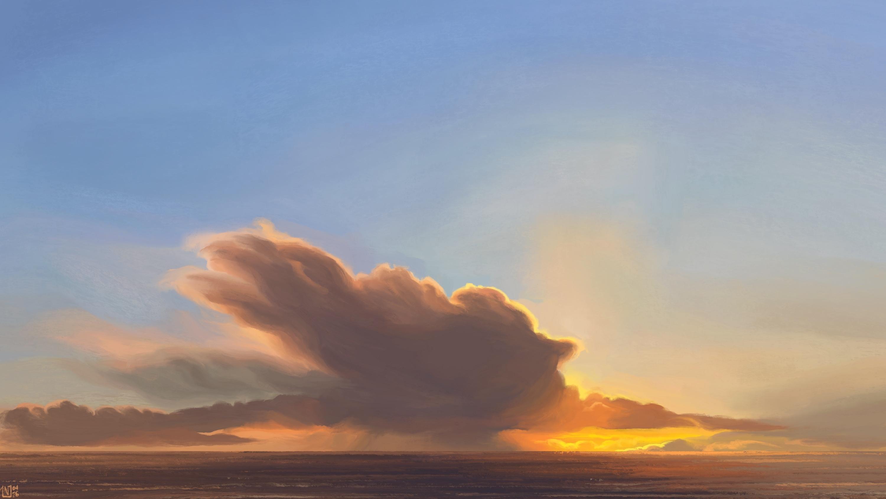 Digital painting of a sunset scene at sea: there is a large cloud blocking the yellow setting sun, extending both sides as thin, flat clouds on the horizon. The sun still manages to reach around, casting an orange glow through and around the clouds. The sky is otherwise clear; the sea is calm.