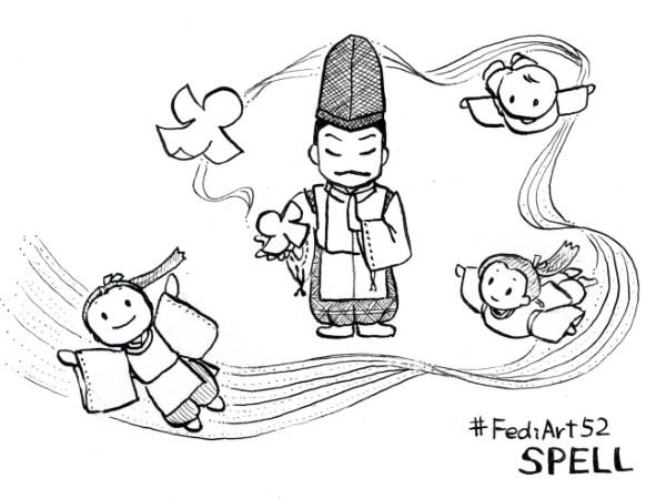 Ink drawing. In the center, a man in traditional Japanese clothing stands with his eyes closed, his left hand in a prayer pose and a paper doll in his right hand. The paper transforms into a child, with several figures circling around him as it changes.