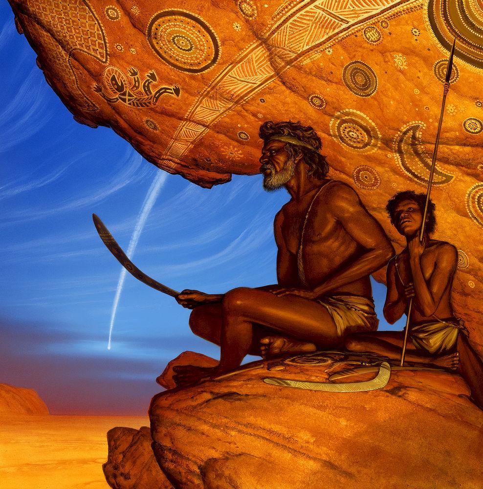 As seen in profile, a bearded aboriginal man of middle years sits with legs crossed on a perch of orange rock. He stares determinedly across flat barren plains topped by a beautiful blue sky. Breaking the upward sweeping pattern of wispy clouds, the contrail of a heavenly object arcs to the ground. Painted in indigenous style, its downward trail continues in the pictographs painted on the rock above the man. The surrounding art is a mix of decorative shapes and narrative elements. At the edge of the rock, above the contrail, a figure falls with arms and legs flailing. The older man holds a boomerang while several more rest on the stone near him. Beside him sits a boy with eyes cast dreamily upward as he grips a spear with the butt resting against the stone. Both are bare chested, wearing only loincloths.
