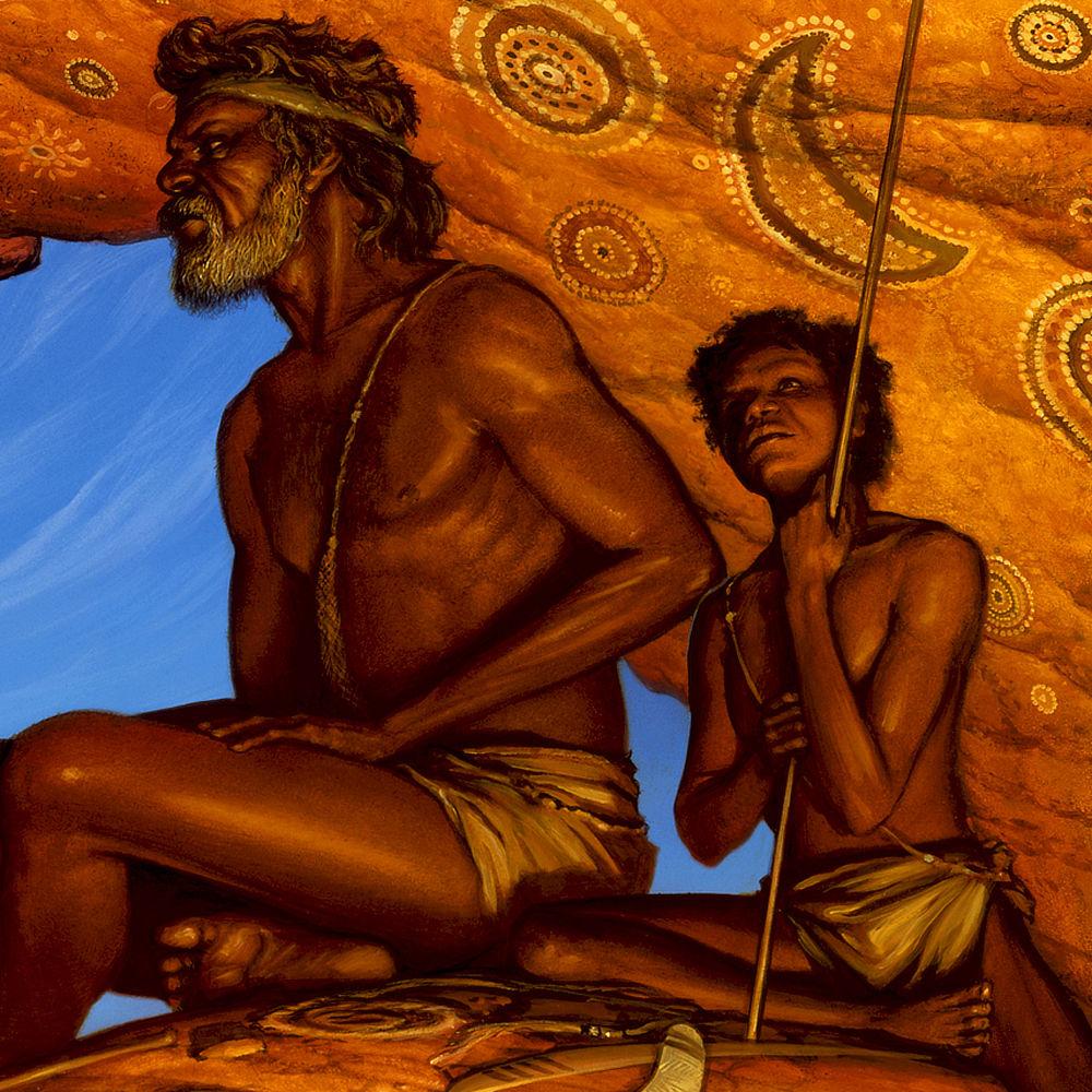 Figure detail from SKYCHILD’S FALL featuring a bearded aboriginal man of middle years sitting with legs crossed. The orange rock behind him is covered with pictographs. He holds a boomerang. Beside him sits a boy with eyes cast dreamily upward as he grips a spear with the butt resting against the stone. Both are bare chested, wearing only loincloths.