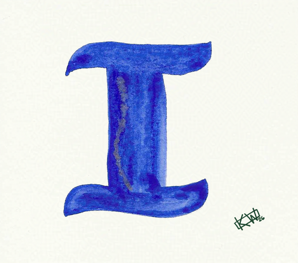 Watercolor of upper case letter I in a lovely shade of blue with gold swirls.