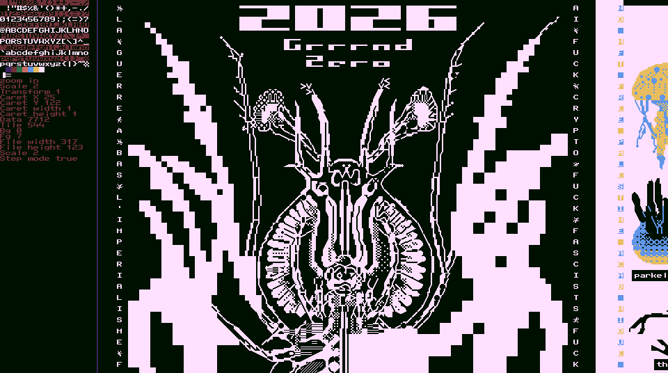 view of my custom text mode editor in which a black and white crustacean text mode artwork is in progress. On top of the creature is writter 2026 Grrrnd Zero.