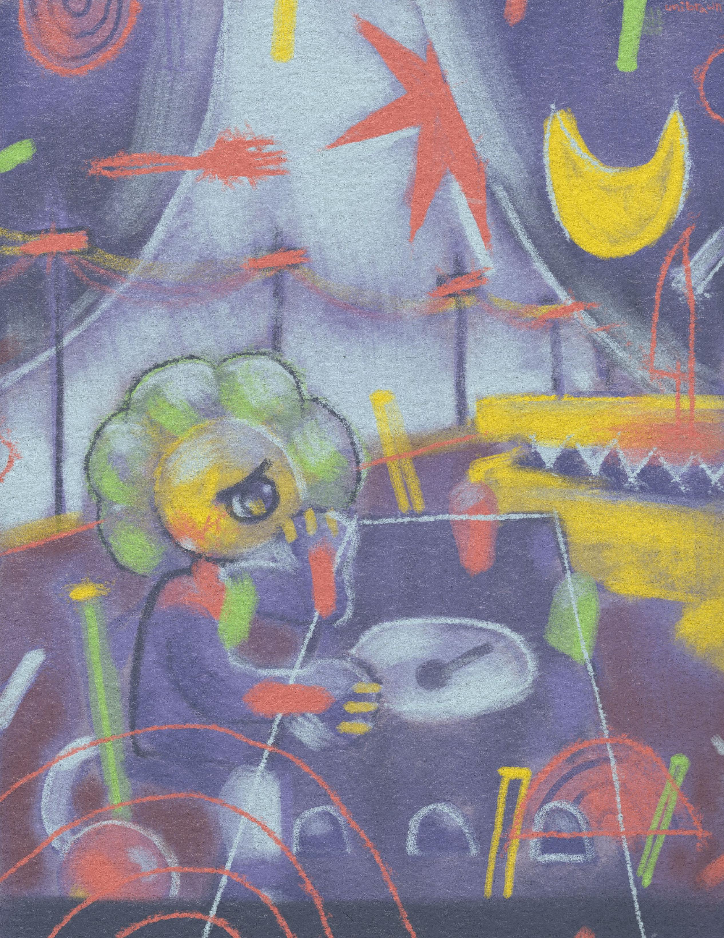 Image of a toyful leonine abstract sitting at a desolate planed table