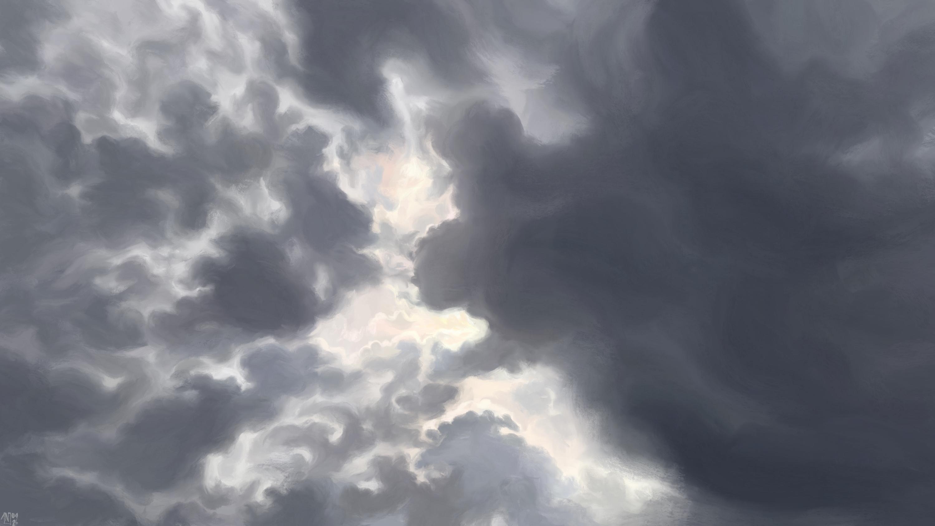 Digital painting of a cloudy sky, an agglomeration of grey clouds. The sun is shining through the cracks, creating a bright, yet soft glow blending the shadows.