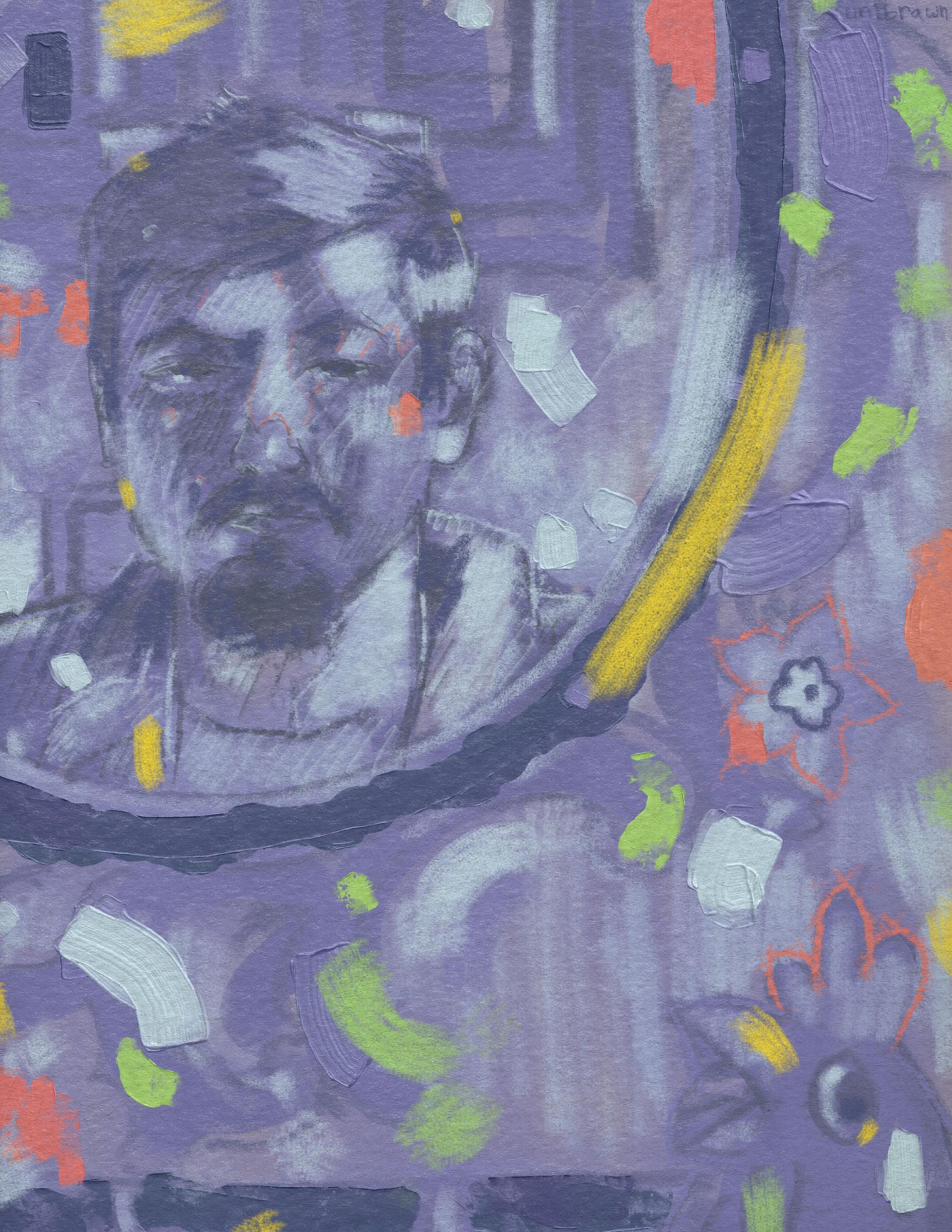 portrait largely in blue of the artist in a mirror, with an animal figure at the bottom right