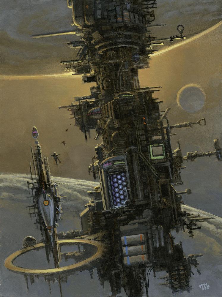 Golden light rims the edge of a planet at the top of the panel while the cloudy surface of another fills the bottom third. The dark, bronze tinted metal of a space station bridges the space between filling much of the immediate foreground. The ship is slightly tilted left and more irregular in circumference than cylindrical with many booms extending from the sides. In the lower left a flat ring sits adjacent to the main structure with a spire piercing the empty space at its center.