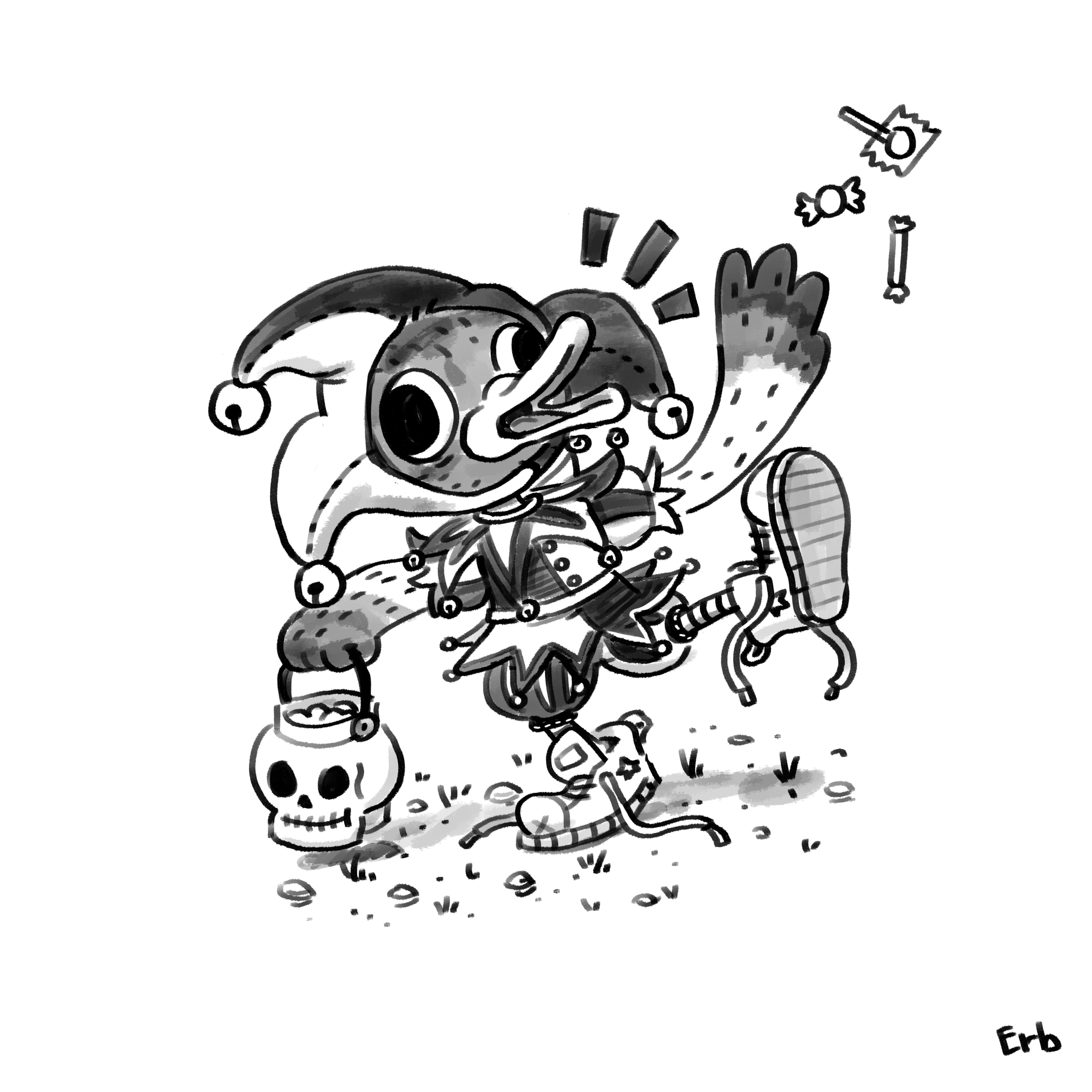 A black and white doodle of a duck kid throwing candy into the air while dressed as a jester for Halloween .