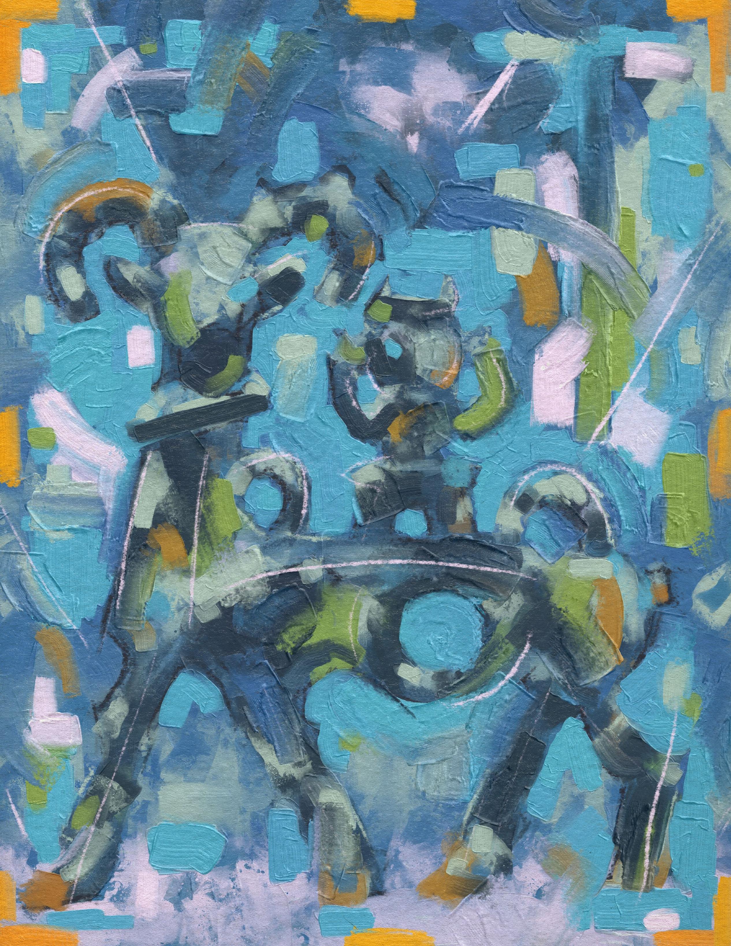 very messy painting of a figure standing atop a deerish animal