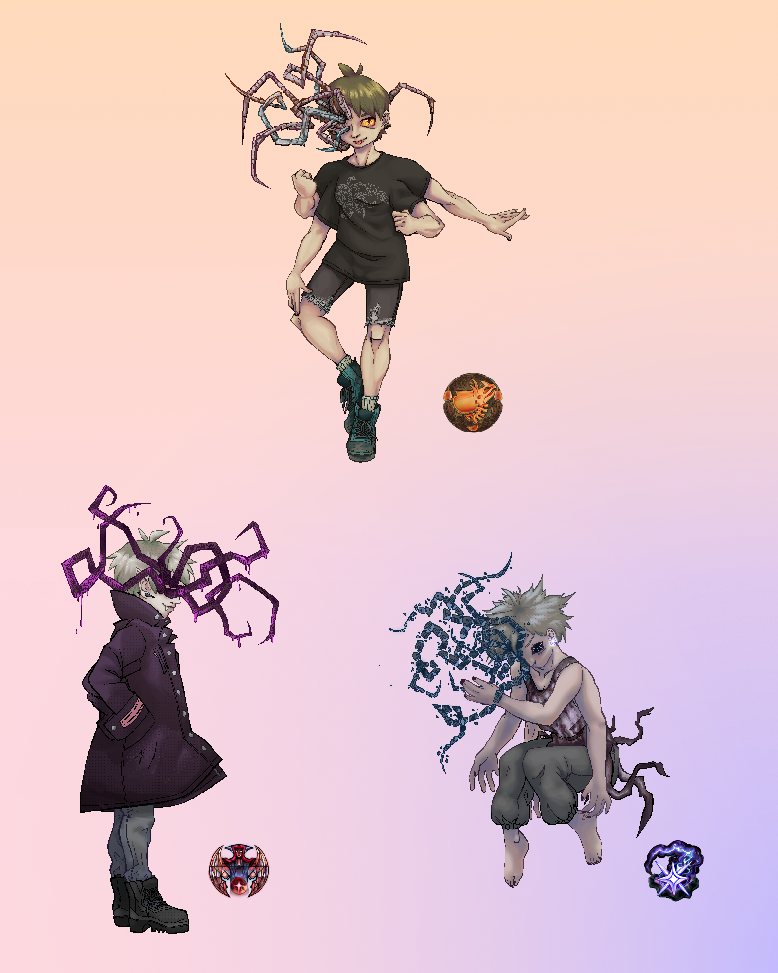 digital drawing of three variations on the same character. they have short hair and creepy branch like tentacles protruding from their face. each design evokes a team theme from a previous year's artfight event