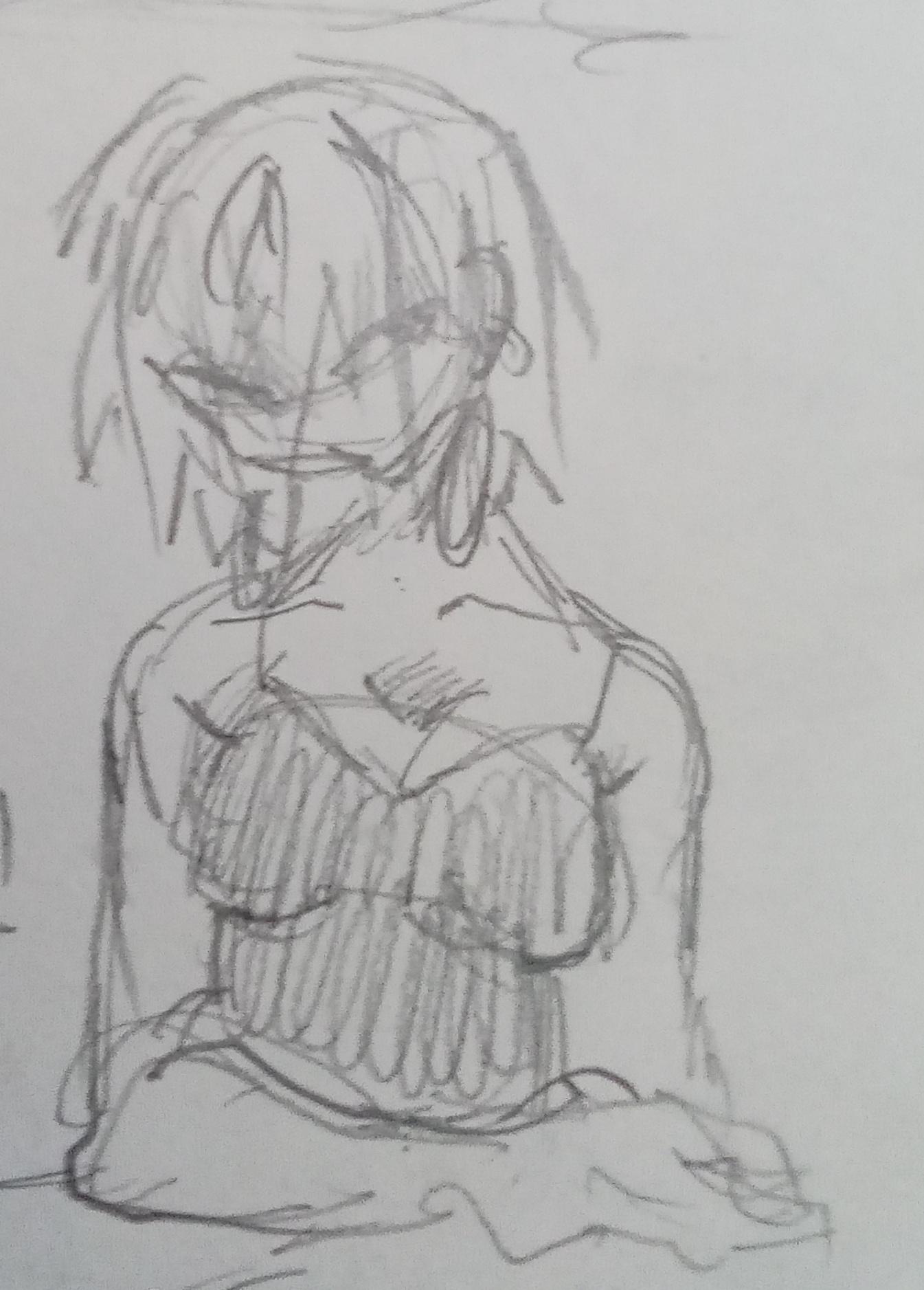 a sketch of person wearing a dress. they have short hair and is wearing hoop earrings